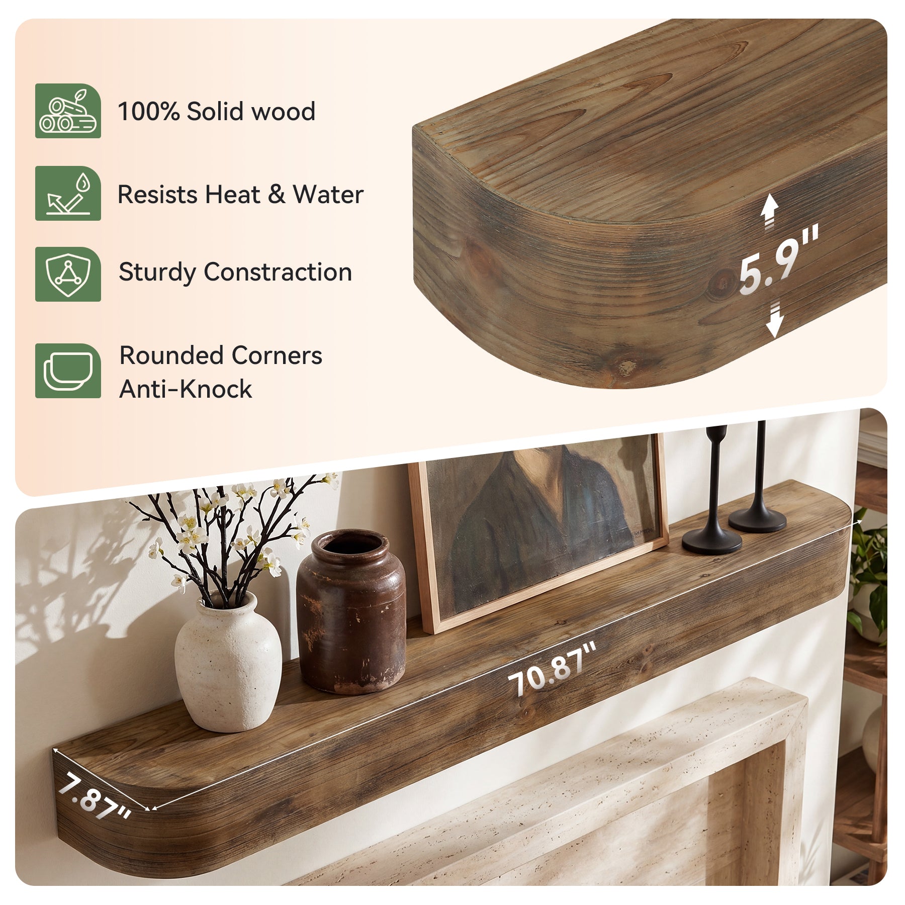 71" Fireplace Mantel, Solid Wood Floating Shelf, Wall Mounted Mantel for Over Fireplace