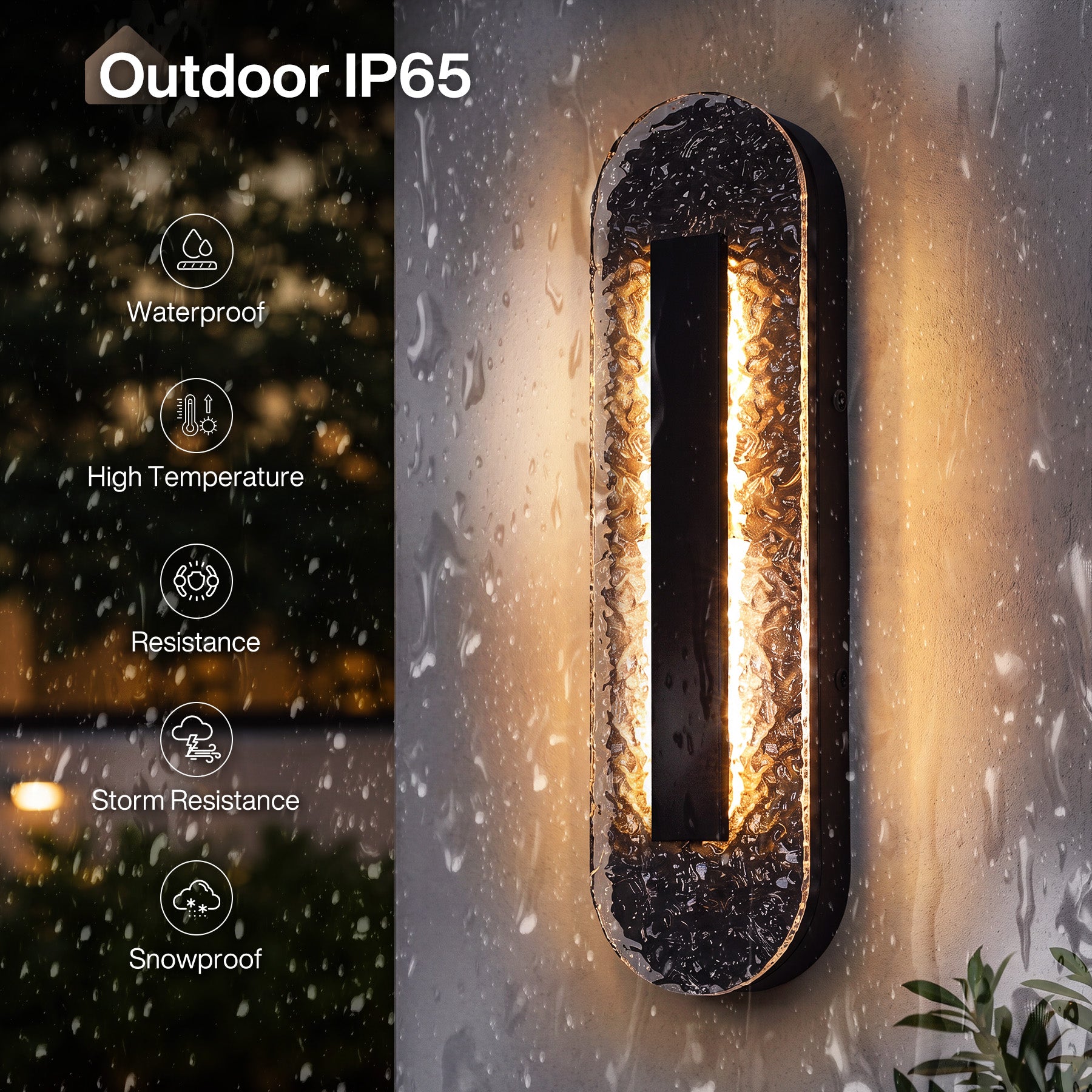 Oval Outdoor LED Wall Sconce, Modern Exterior Wall Light with Clear Water Ripple Acrylic