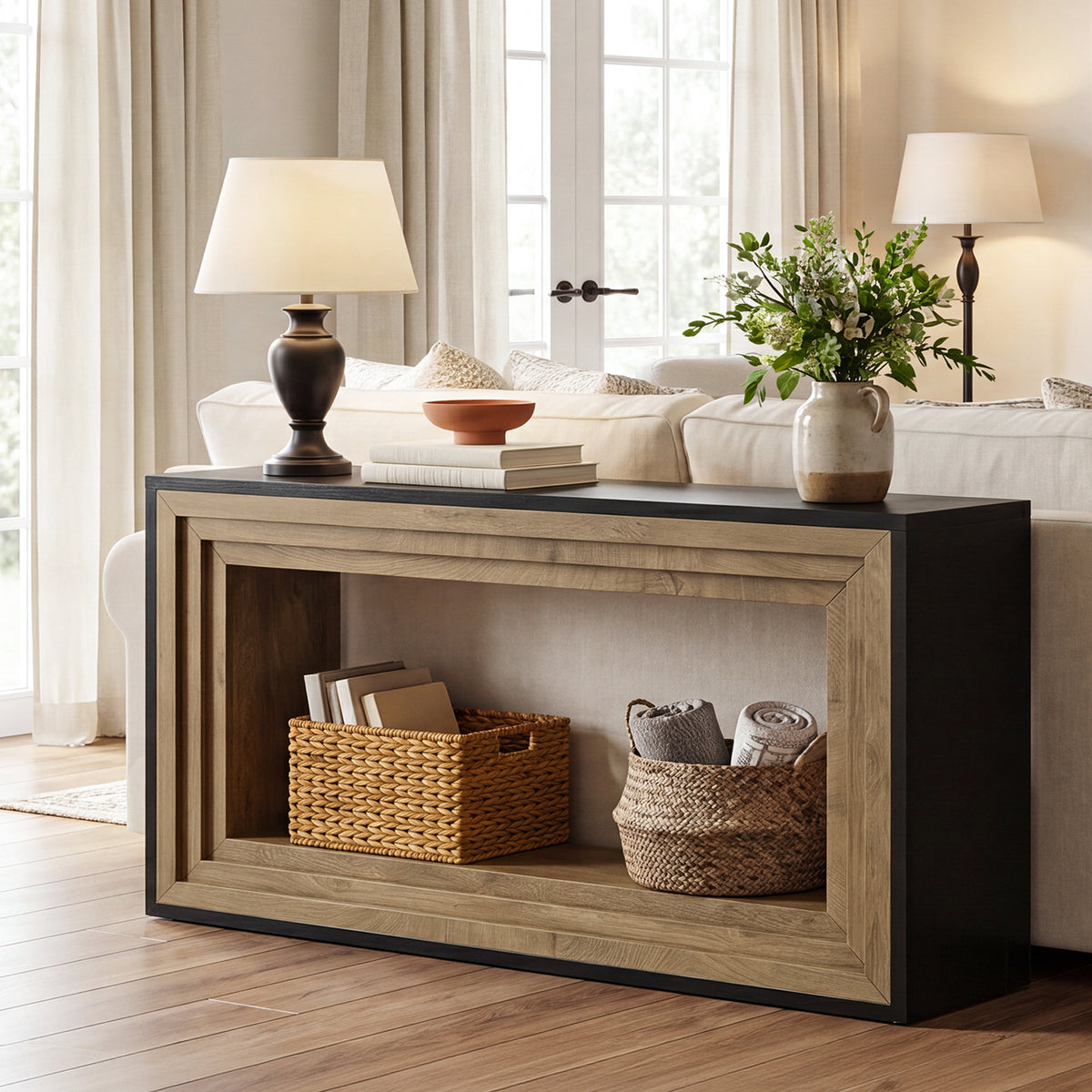63" Console Table, Farmhouse Entryway Table Sofa Table Behind Couch with Storage Shelf