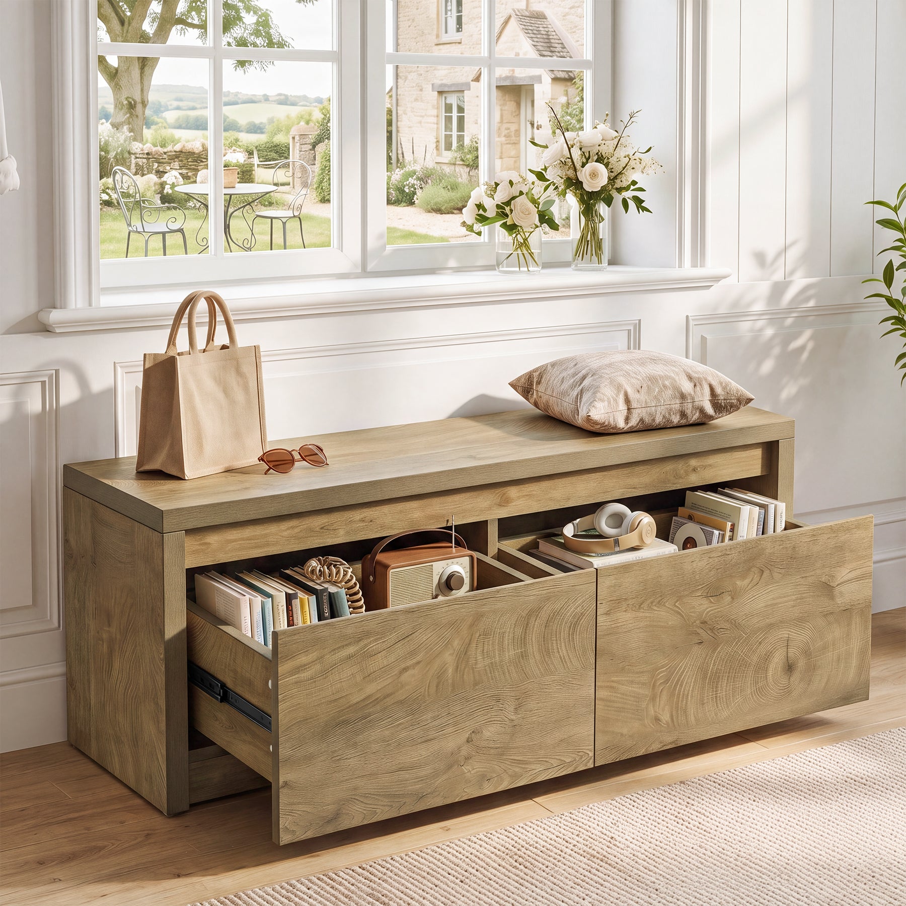 47" Entryway Storage Bench with 2 Drawers, Rustic Wooden Shoe Cabinet, Entryway Hallway