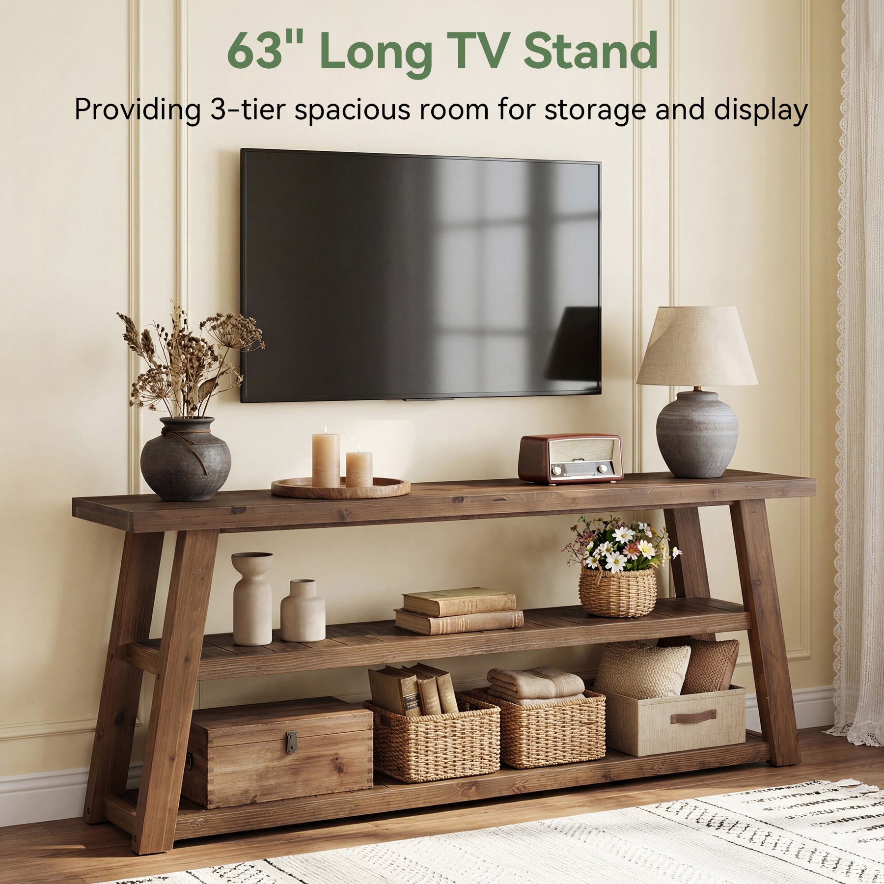 3-Tier Solid Wood TV Stand, 63" Entertainment Center with Open Shelves