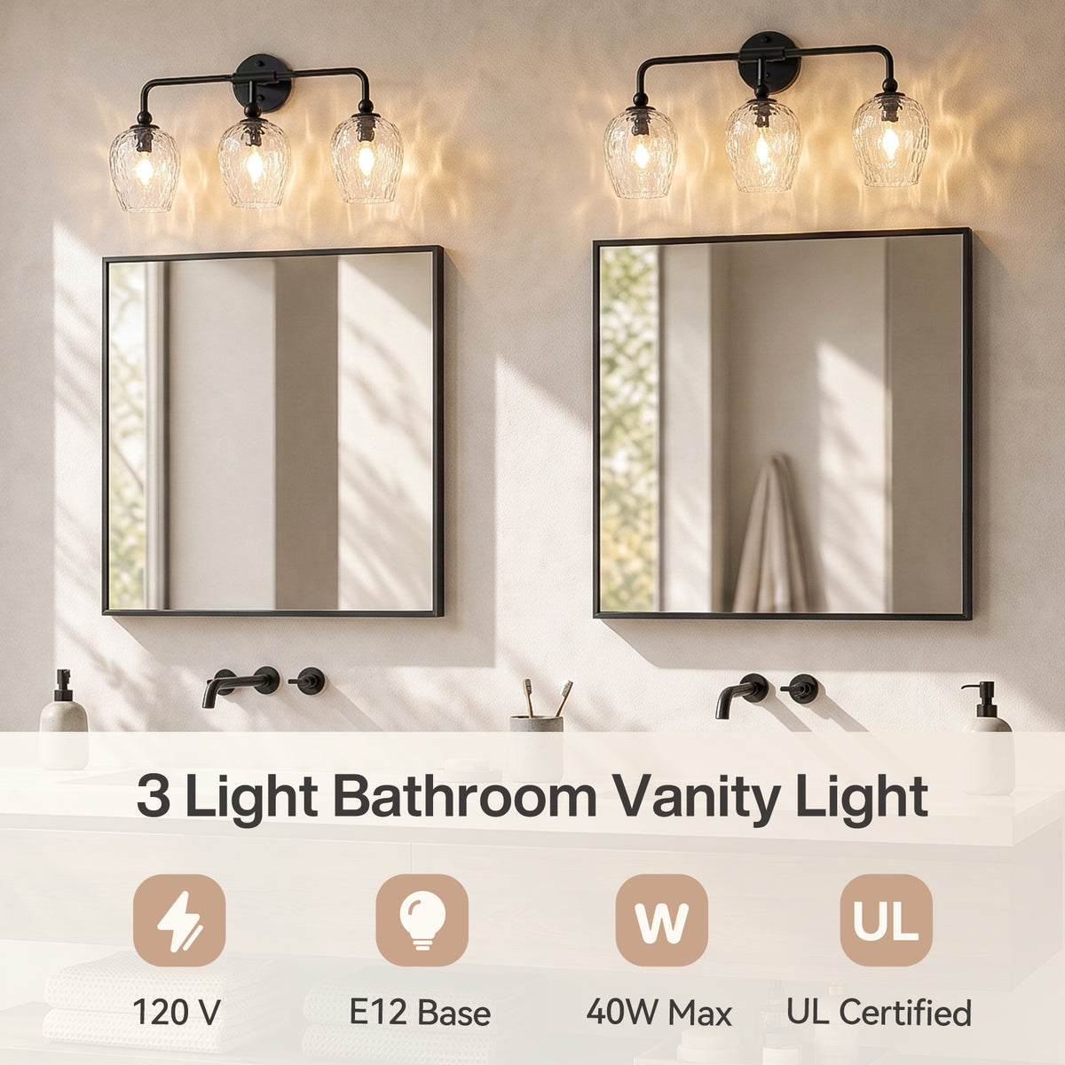 3-Light 22" Bathroom Vanity Light, Matte Black Wall Sconce with Water Ripple Glass