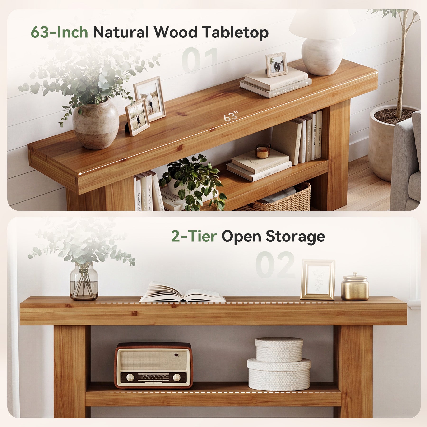 63" Solid Wood TV Stand for TVs up to 75", Entertainment Center with 2-Tier Shelves for Living Room