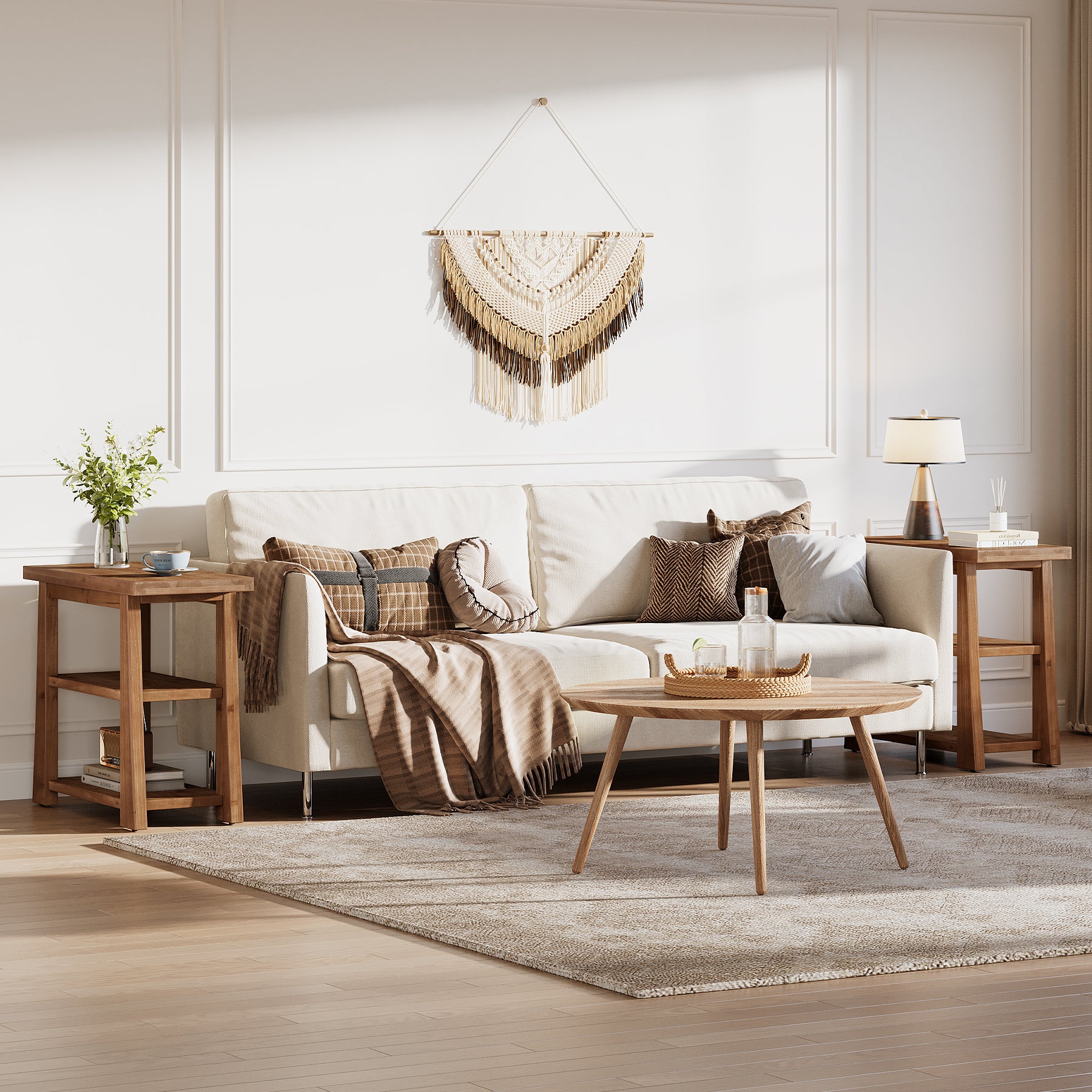 27.5" Wooden End Table, Narrow Nightstand with 3 Tier Storage Shelves for Living Room