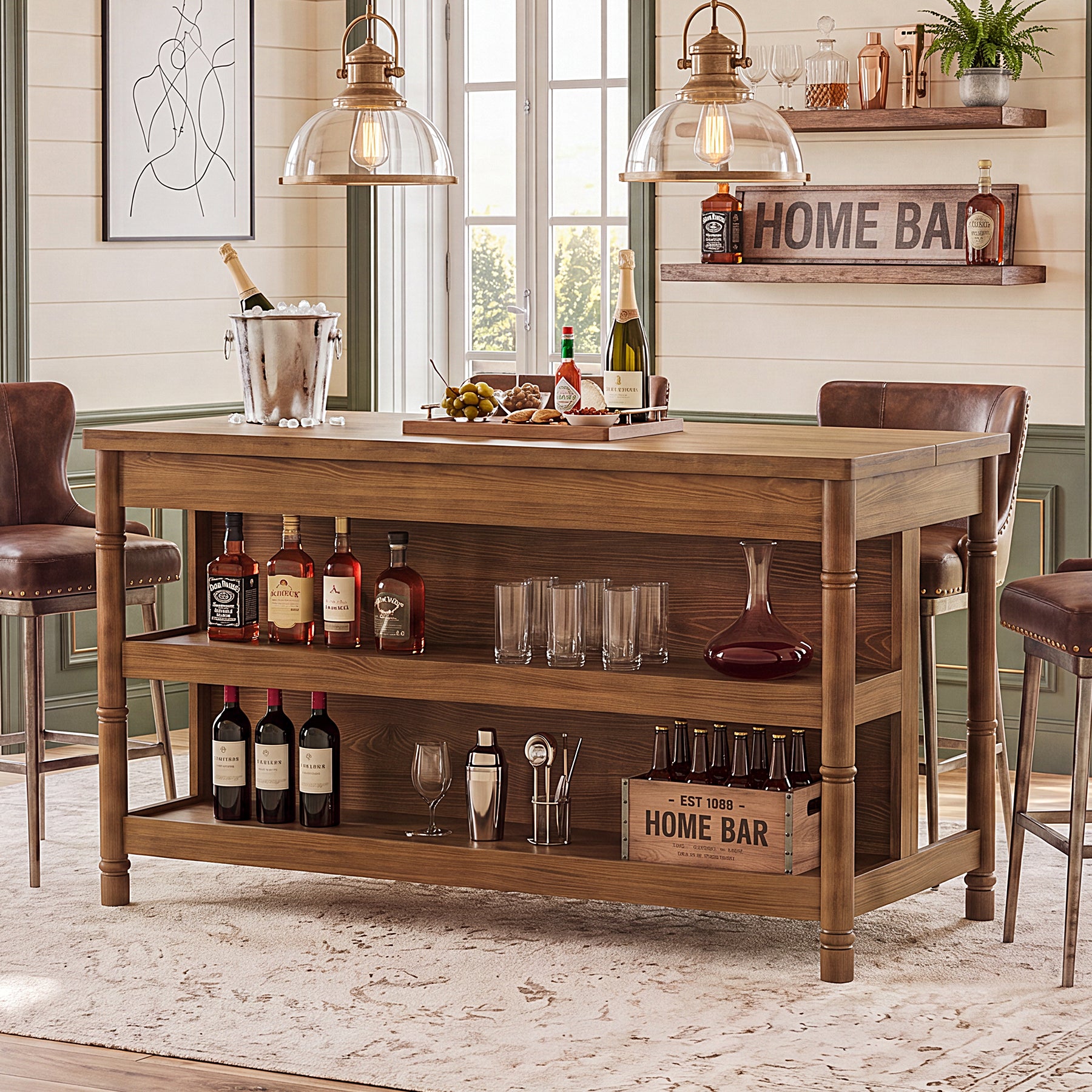 63" Counter Height Bar Table with Storage, Solid Wood Farmhouse Kitchen Bar Table, 3-Tier Shelves