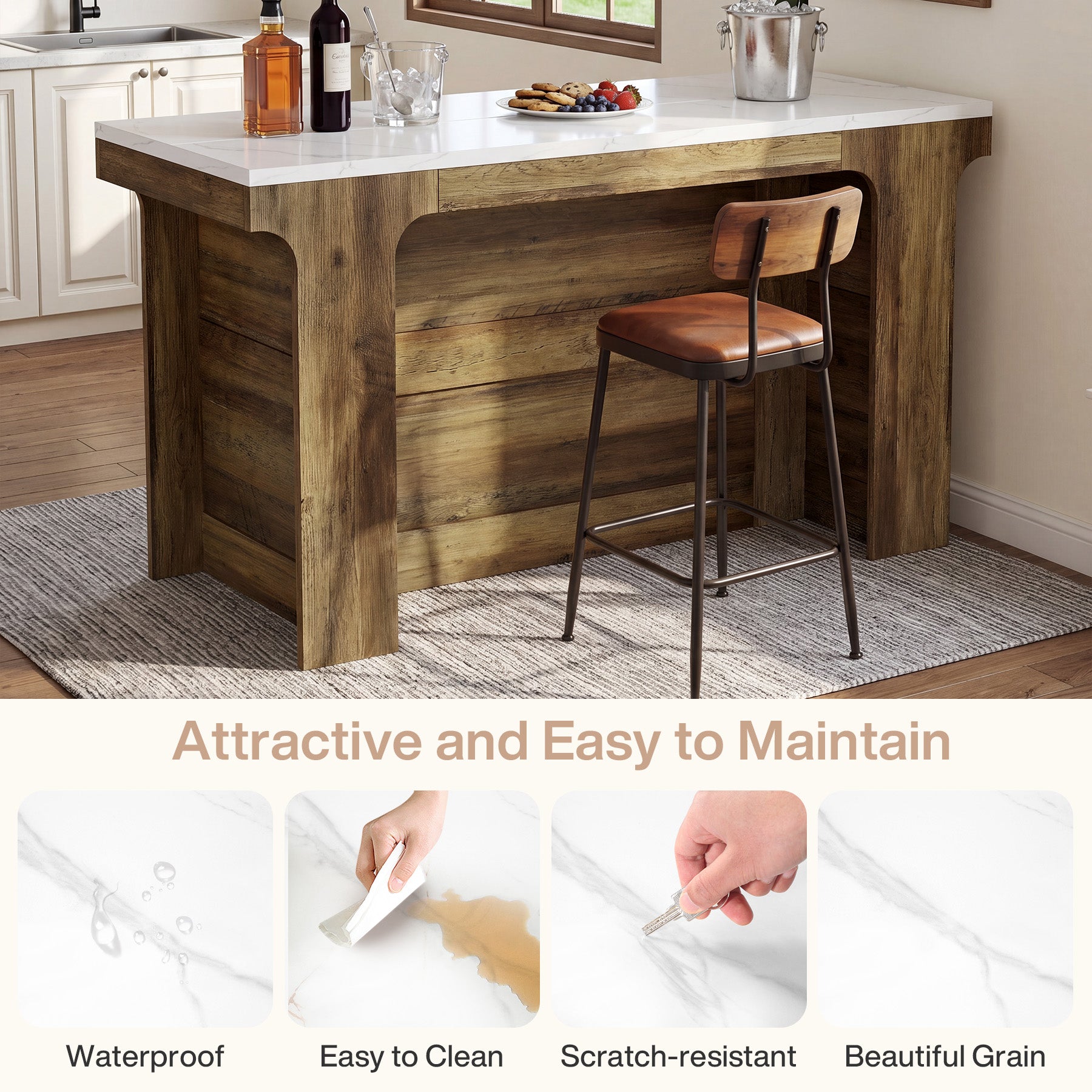 59'' Bar Table, Modern Counter Height Table with Faux Marble Top for Kitchen, Bistro