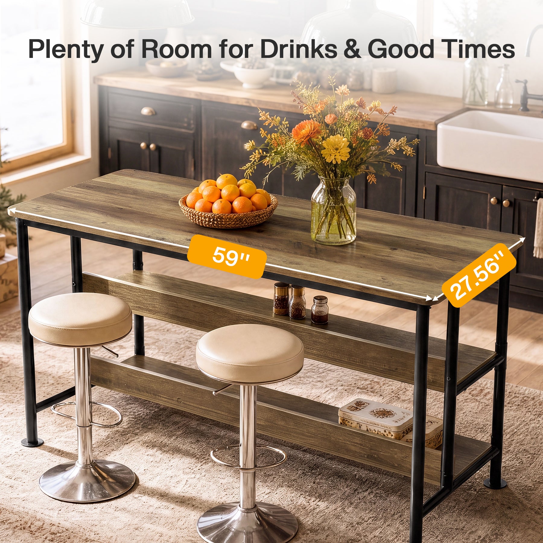 59" Home Bar Table with 3-Tier Storage Shelves, Counter Height, Kitchen Dining Room Pub Table