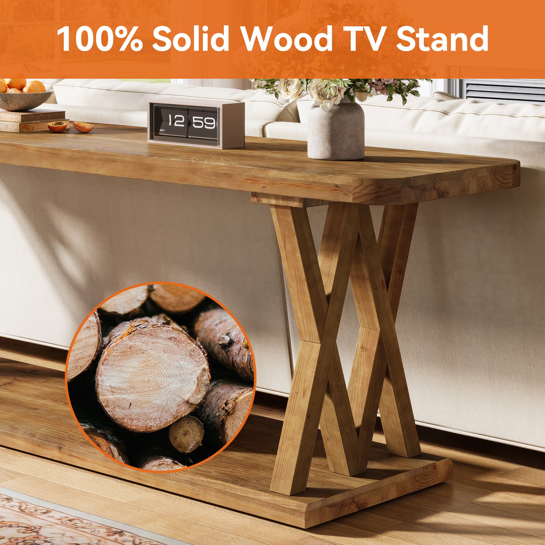63" Solid Wood TV Stand, Farmhouse Entertainment Center for TVs Up to 75-Inch
