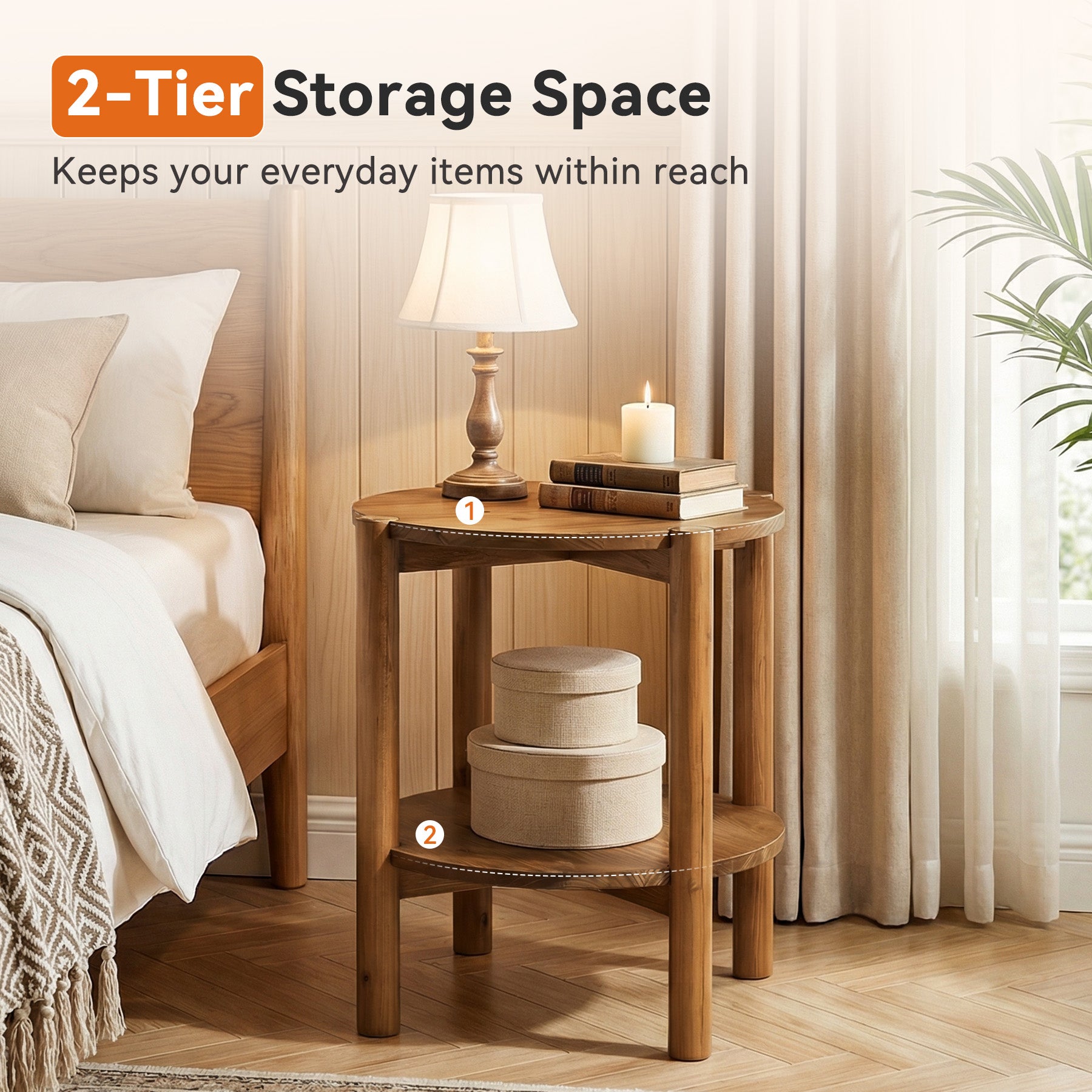Solid Wood Round End Table, 2-Tier Small Side Table with Storage Shelf