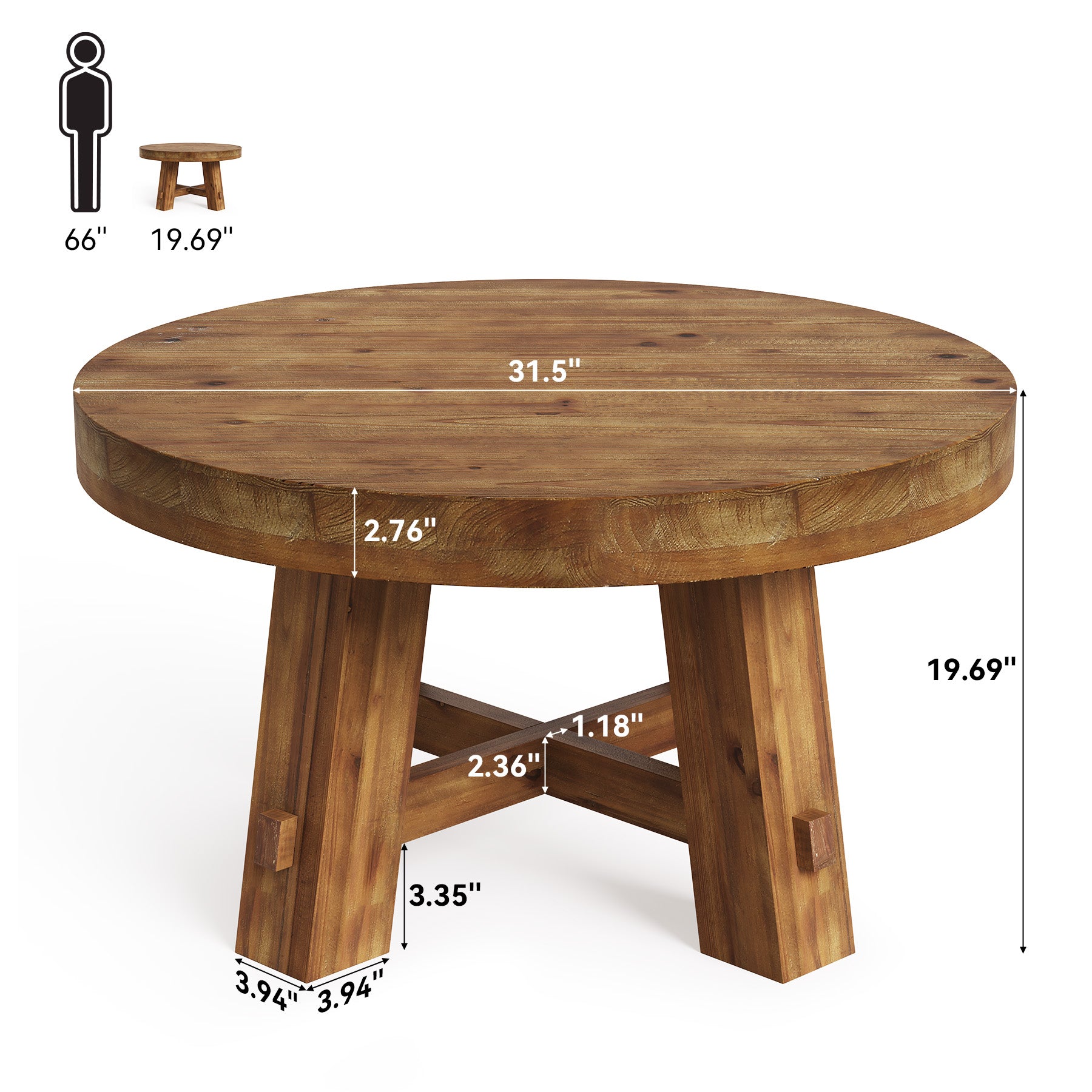 Solid Wood Coffee Table, 31.5" Round Center Table with Thickened Tabletop