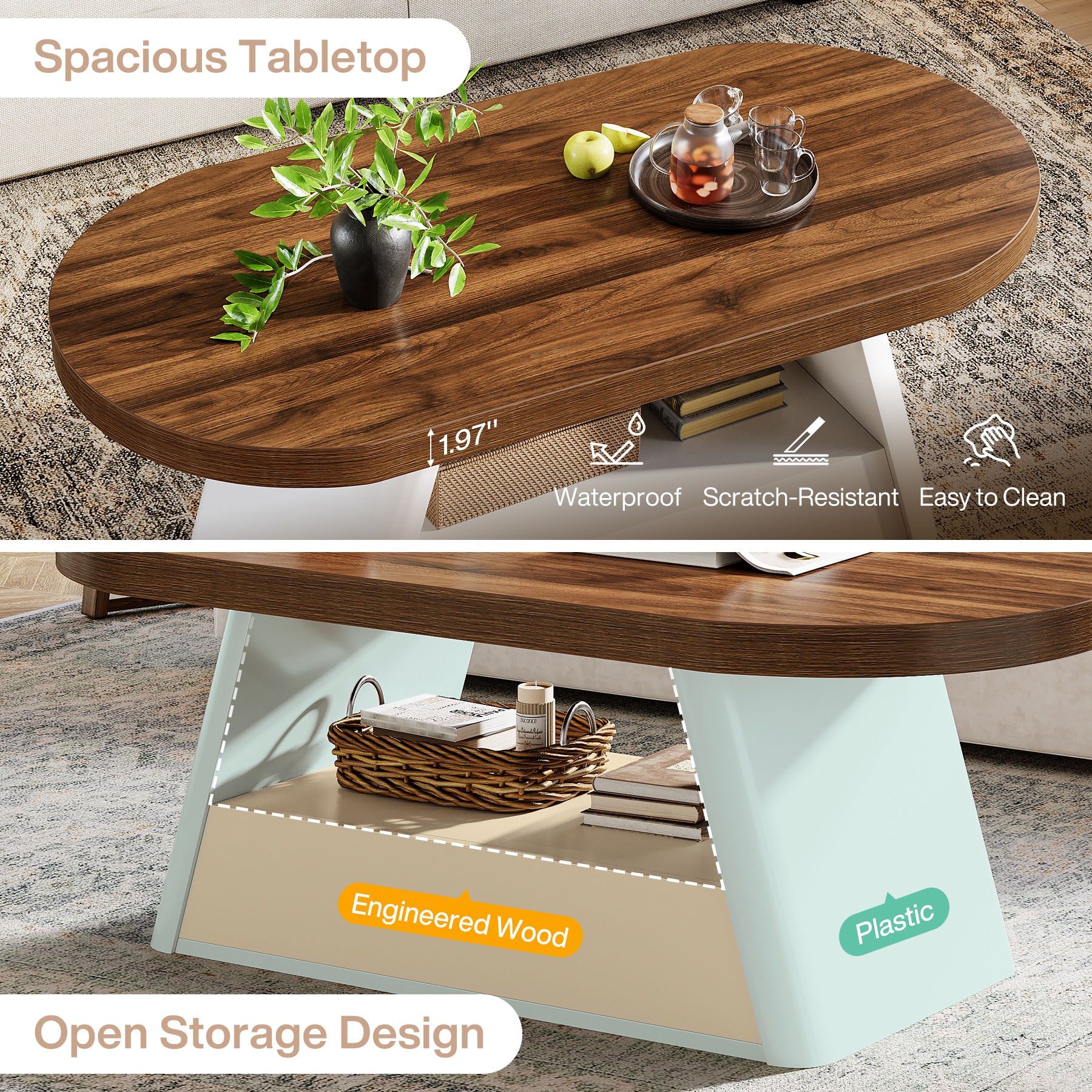 47" Oval Coffee Table, Modern Center Tea Table with 2-Tier Storage