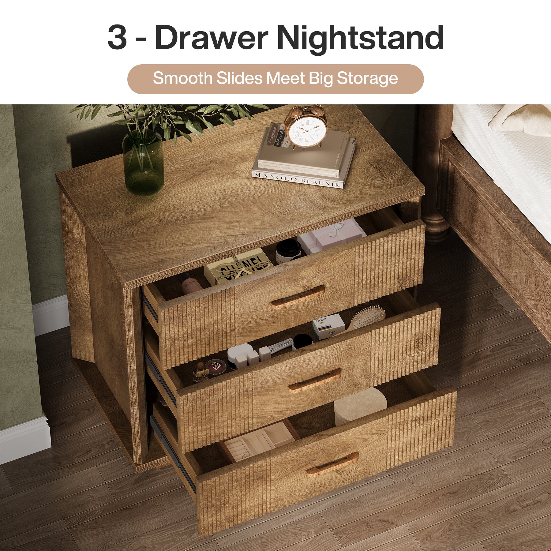 3-Drawer Nightstand, 31.5" Wide Bedside Table with Storage
