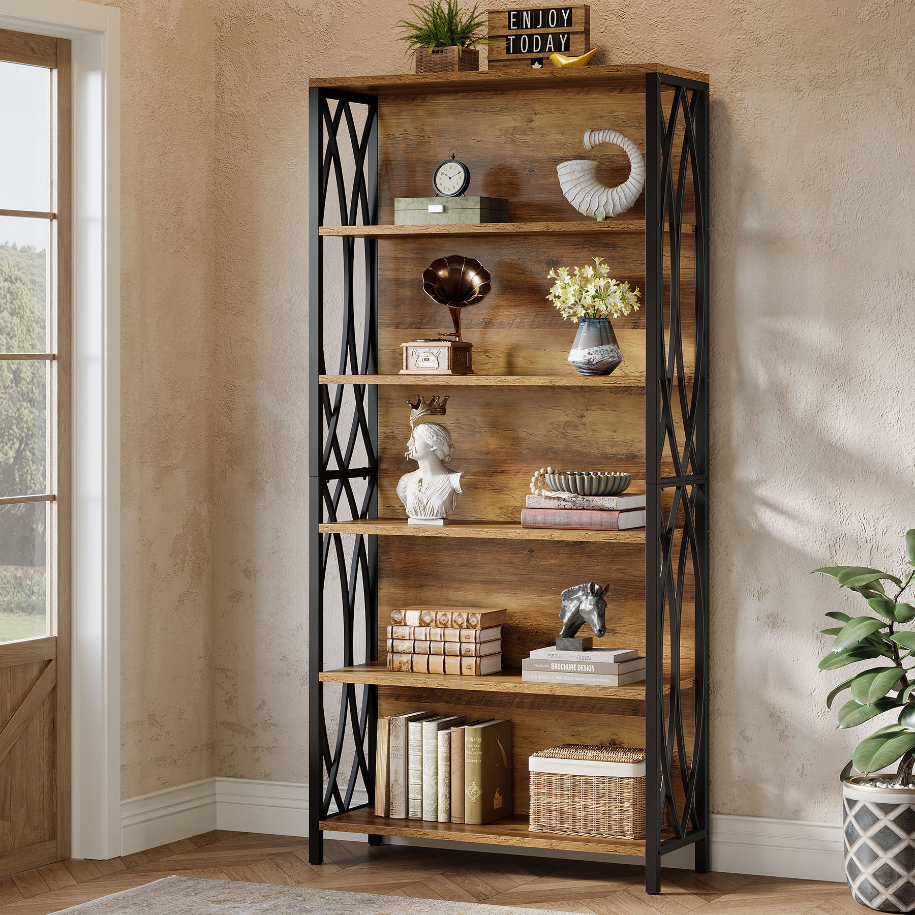 6-Tier Bookshelf with Geometric Metal Frame - Thumbnail 2
