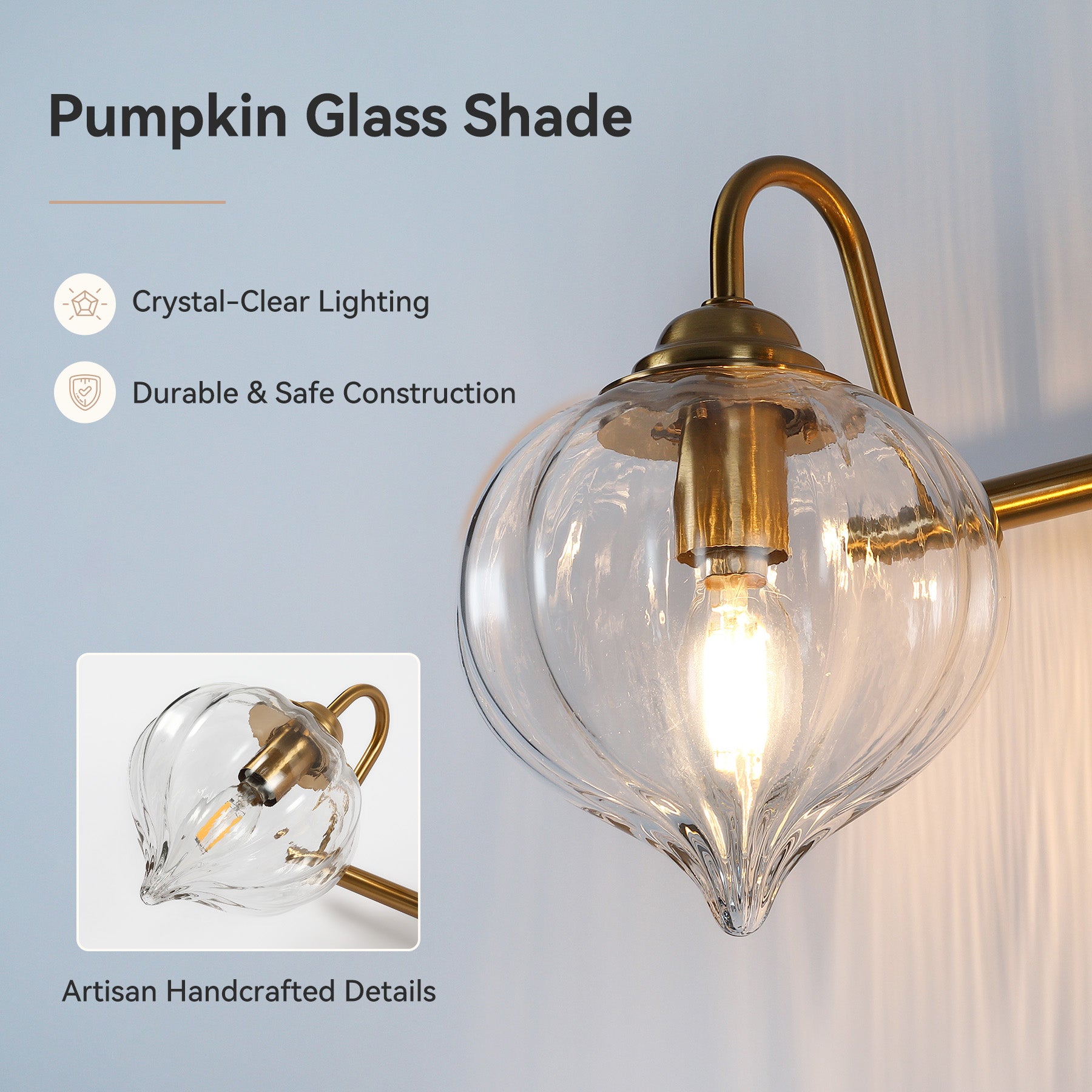 3-Light Bathroom Light Fixtures, Pumpkin Glass Vanity Light, Gold-Plated Metal