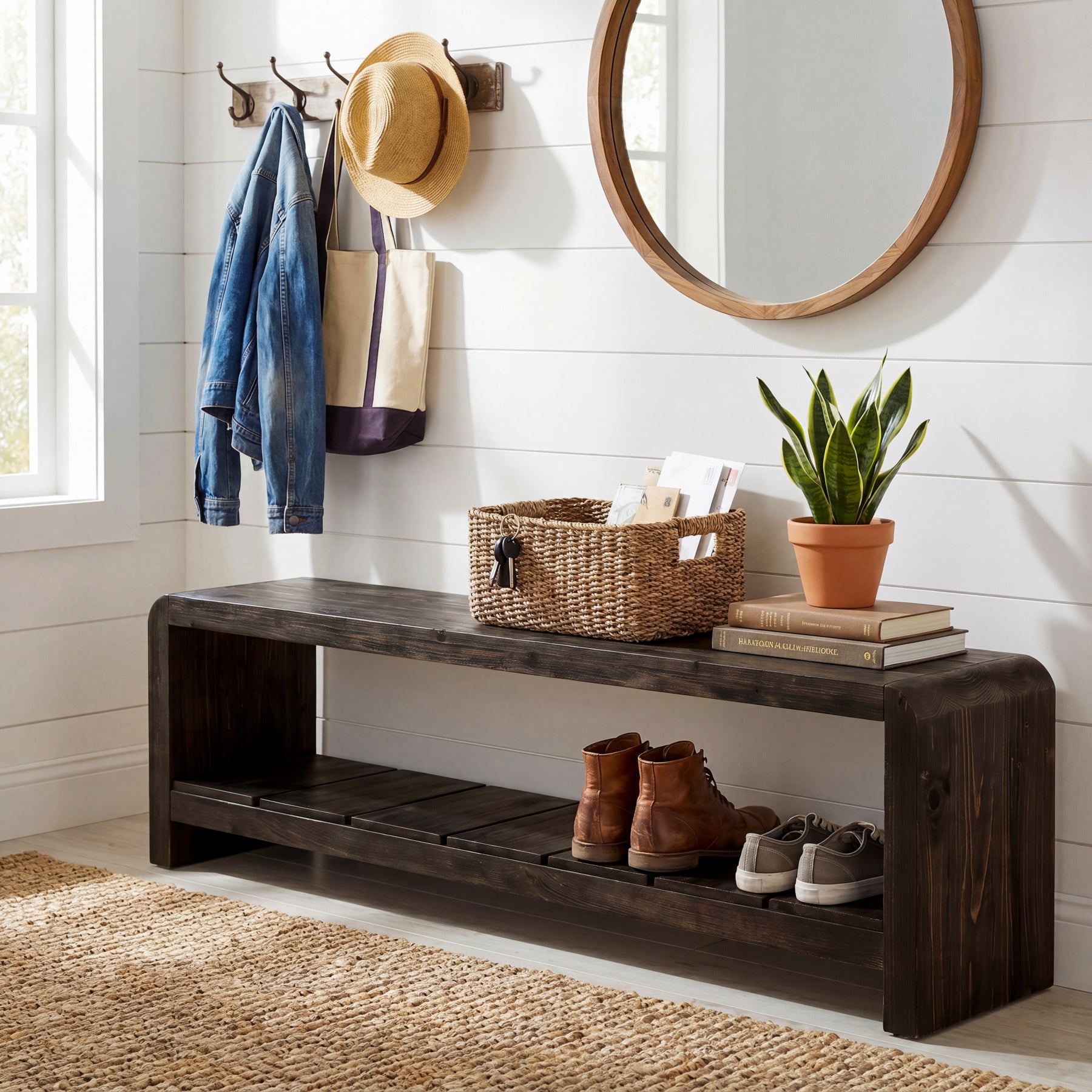 59" Solid Wood Entryway Bench, Farmhouse End of Bed Seating Shoe Bench with Storage