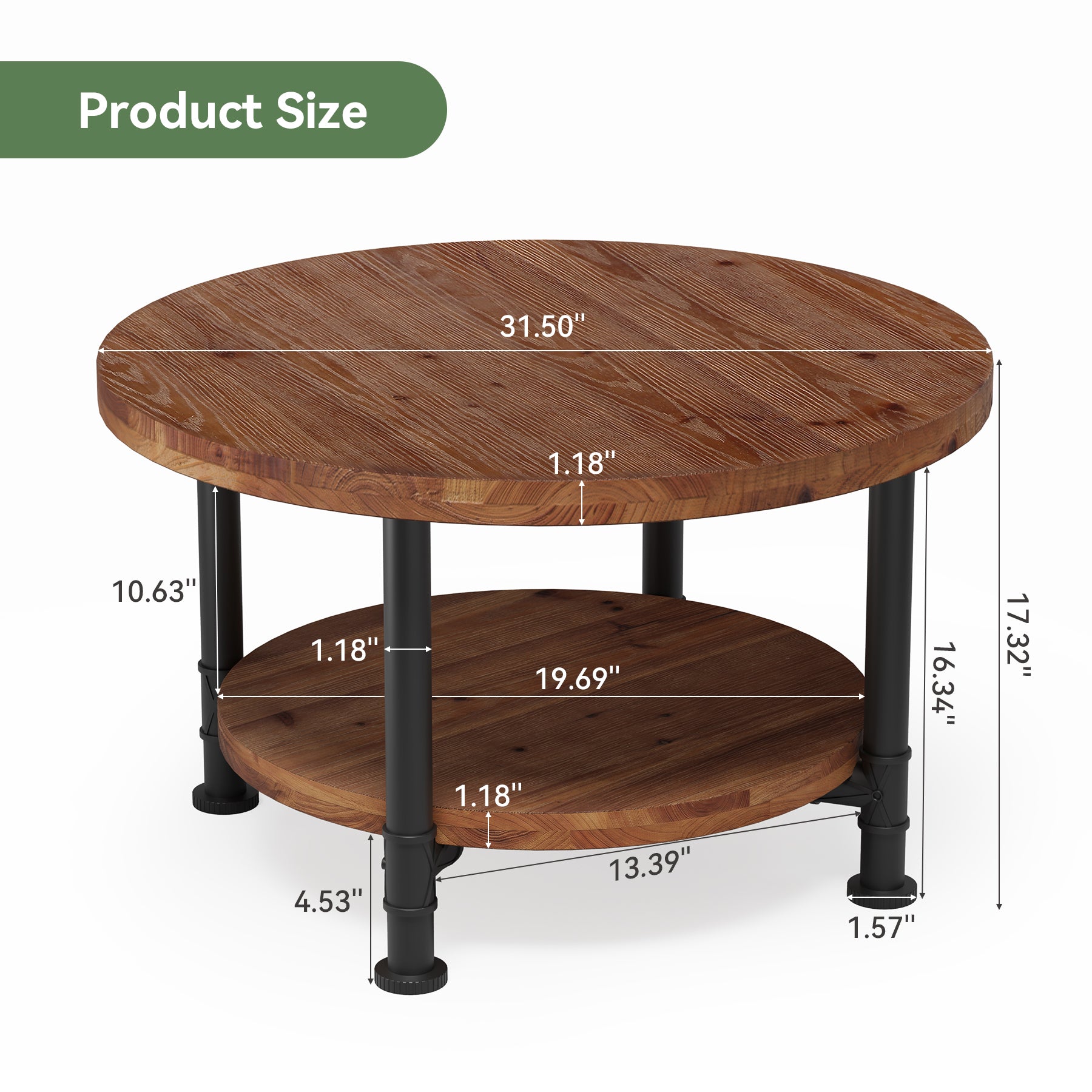 Solid Wood Round Coffee Table, 31.5" Circle Center Table with Storage Shelf & Metal Frame
