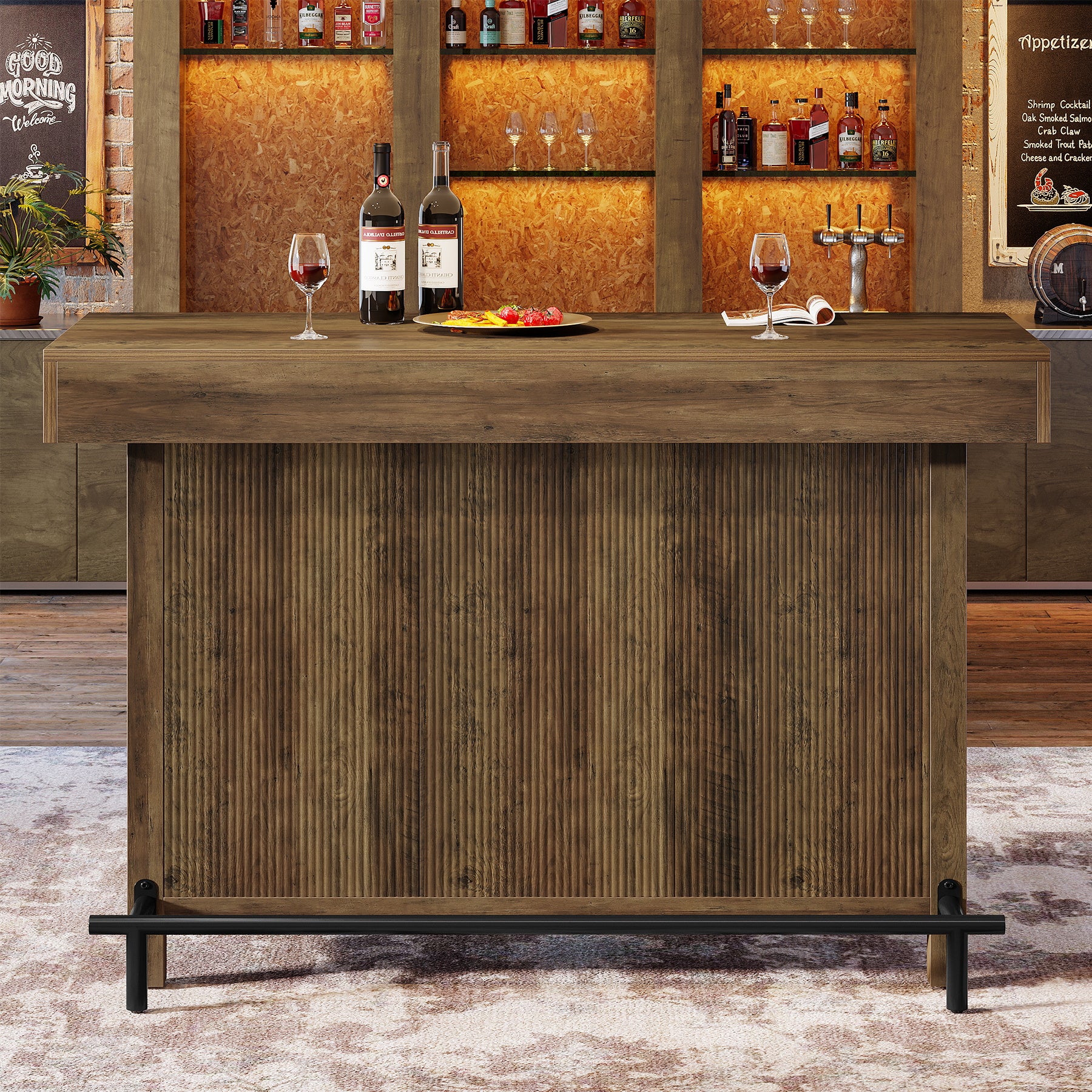57.48" Bar Unit, Industrial Counter Height Bar Table with 2-Tier Storage
