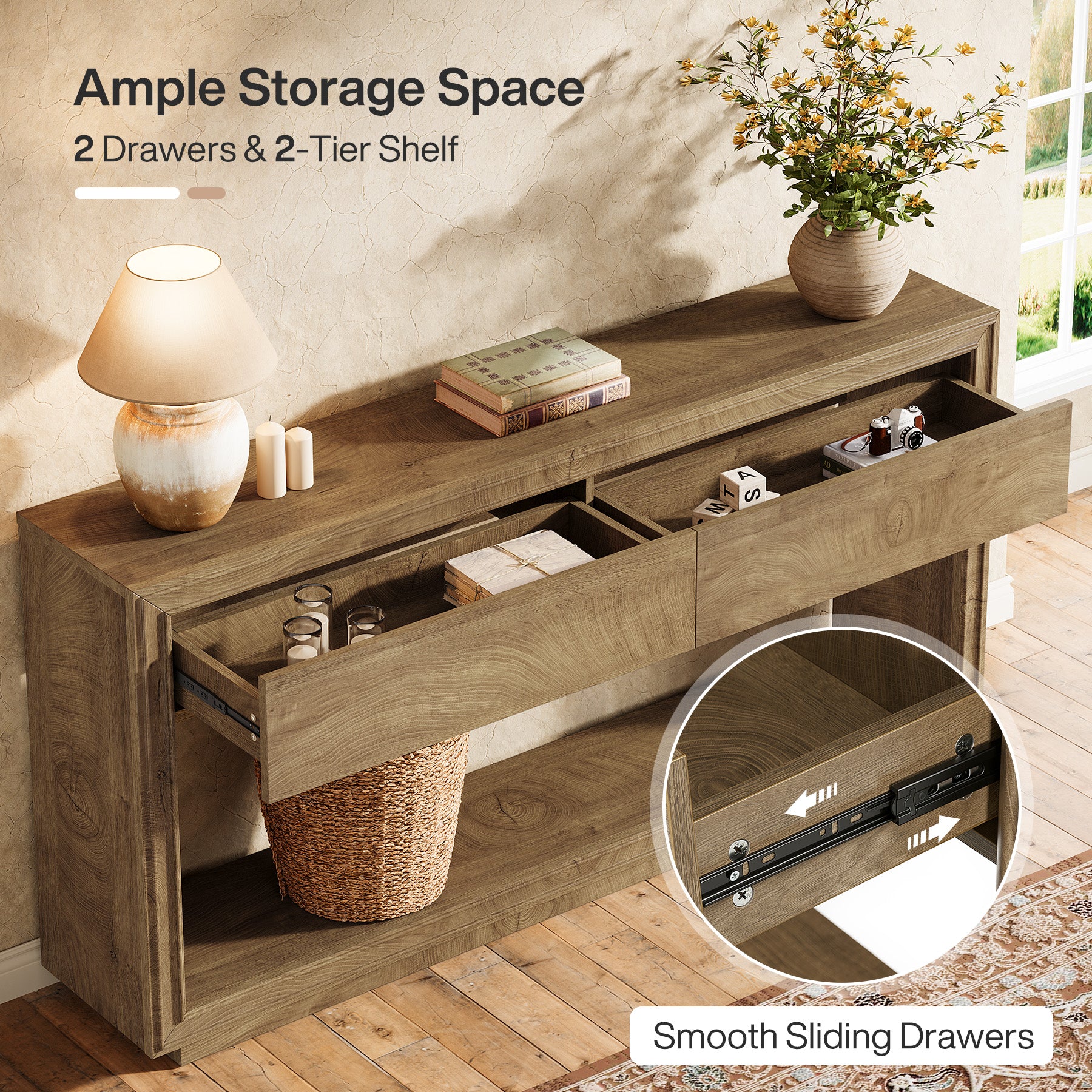 63" Farmhouse Console Table with 2 Drawers and Shelf, Wooden Entryway Sofa Table for Hallway, Foyer, or Behind Couch