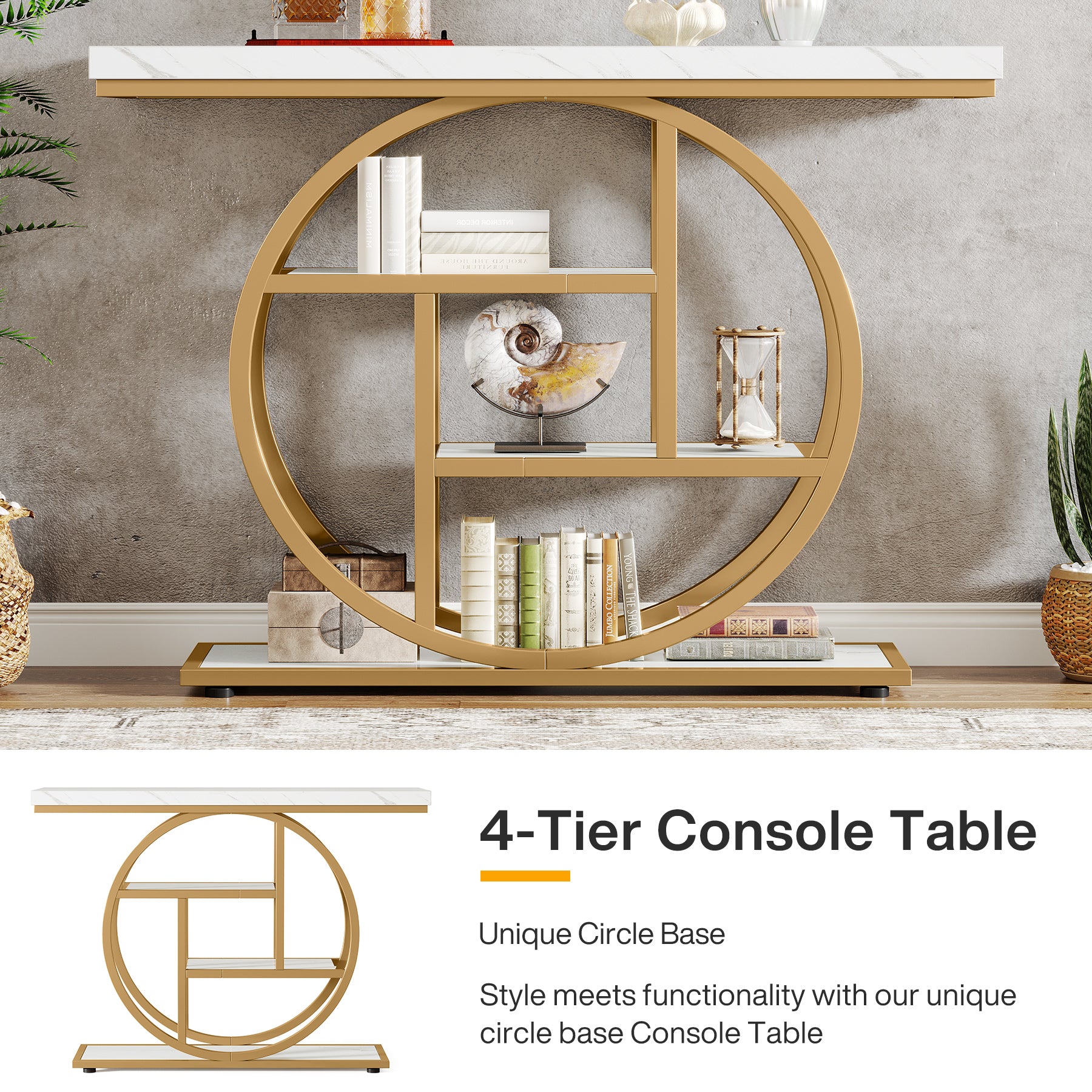 41.3" Console Table, Industrial 4-Tier Sofa Table Entryway Table with Circle Base