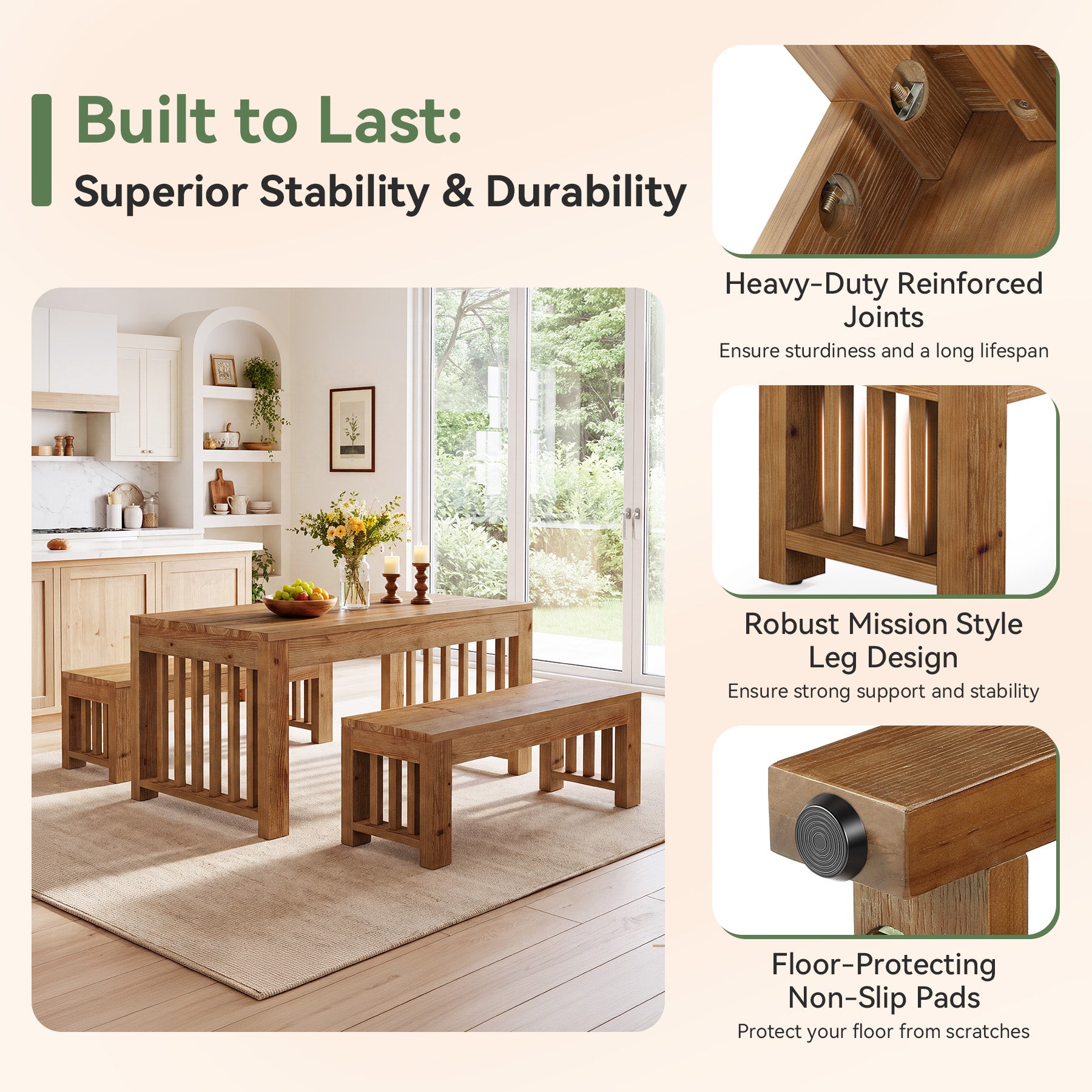 55" Rectangular Dining Table Set, Solid Wood Kitchen Table and Bench for 4 People