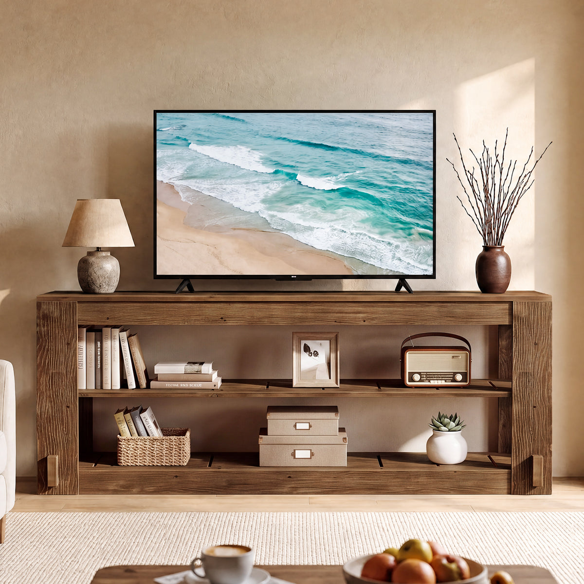 63" Solid Wood TV Stand, 3-Tier Media Entertainment Center for Living Room