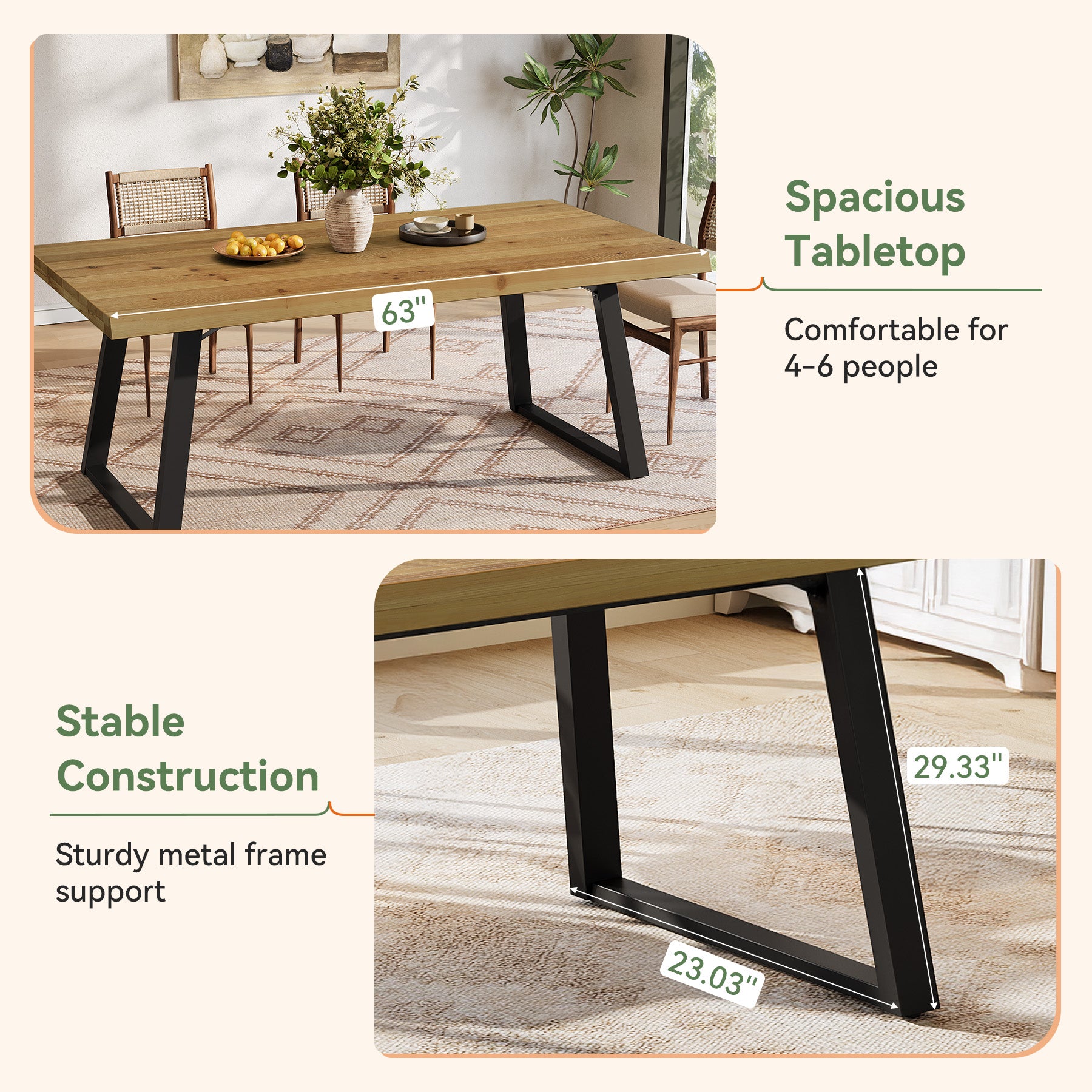 63" Solid Wood Dining Table for 4-6, Rectangular Kitchen Table with Metal Legs