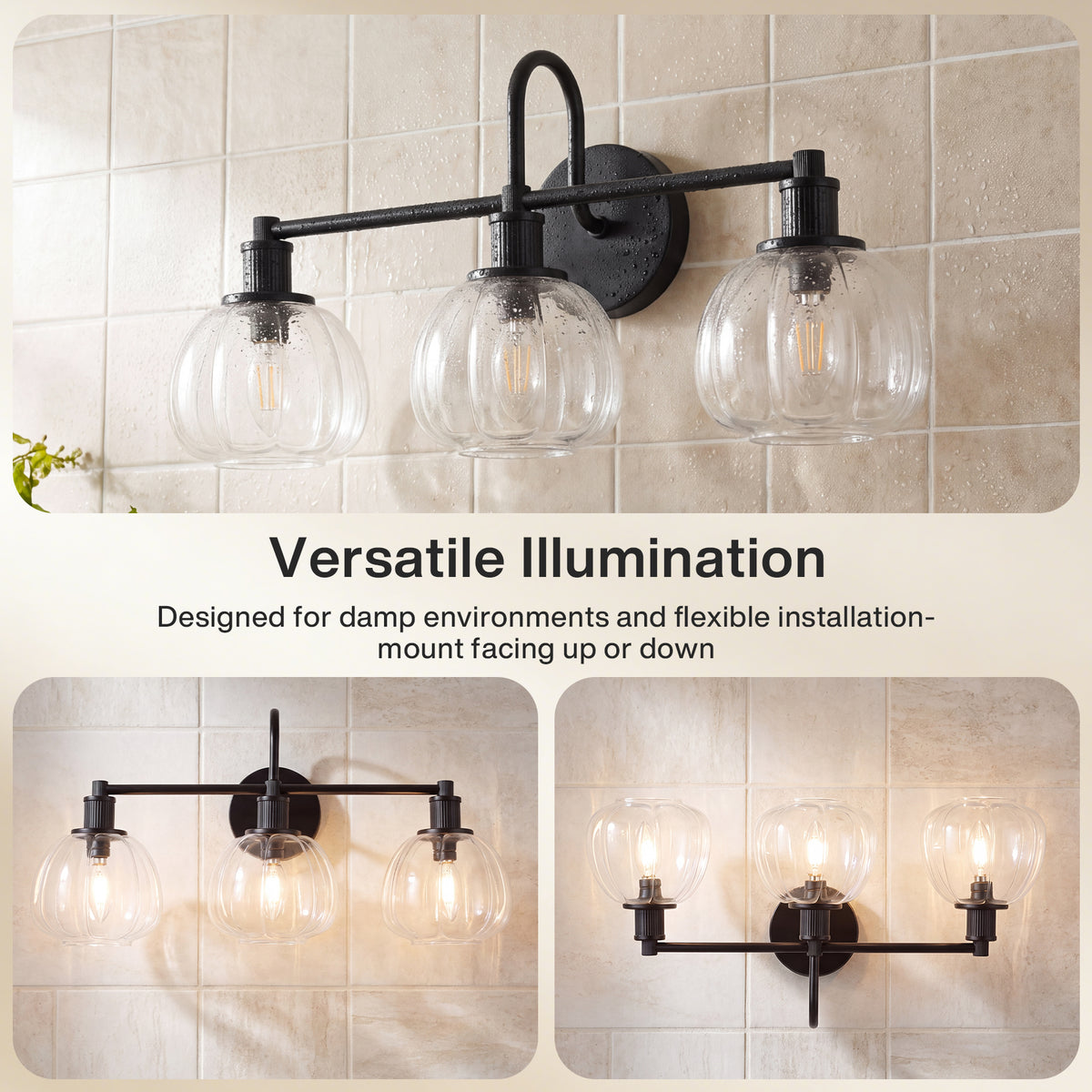 3-Light 23" Bathroom Vanity Light, Modern Black Wall Sconce with Clear Glass Shade