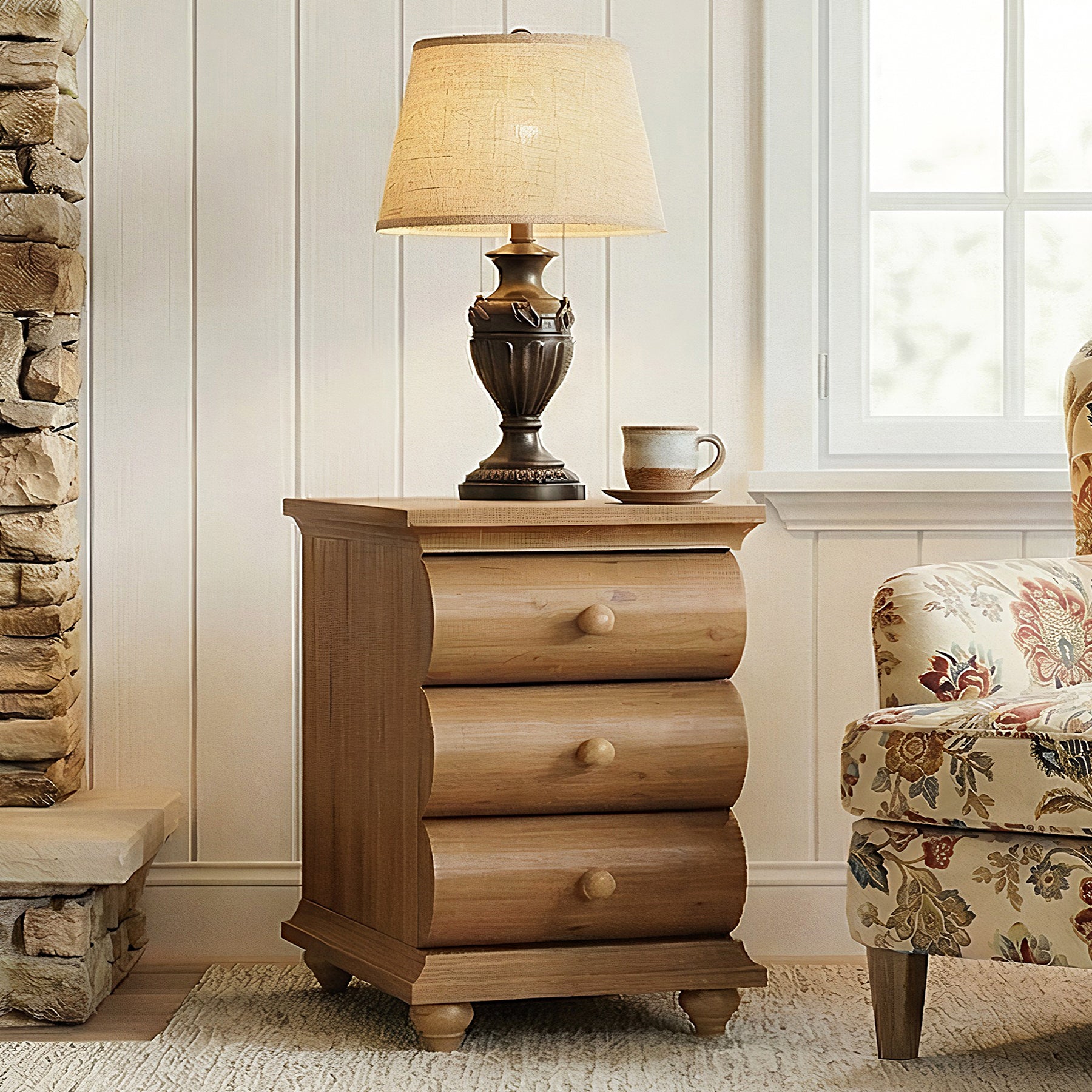 Solid Wood End Table with 3 Drawers, Narrow Side Table with Storage