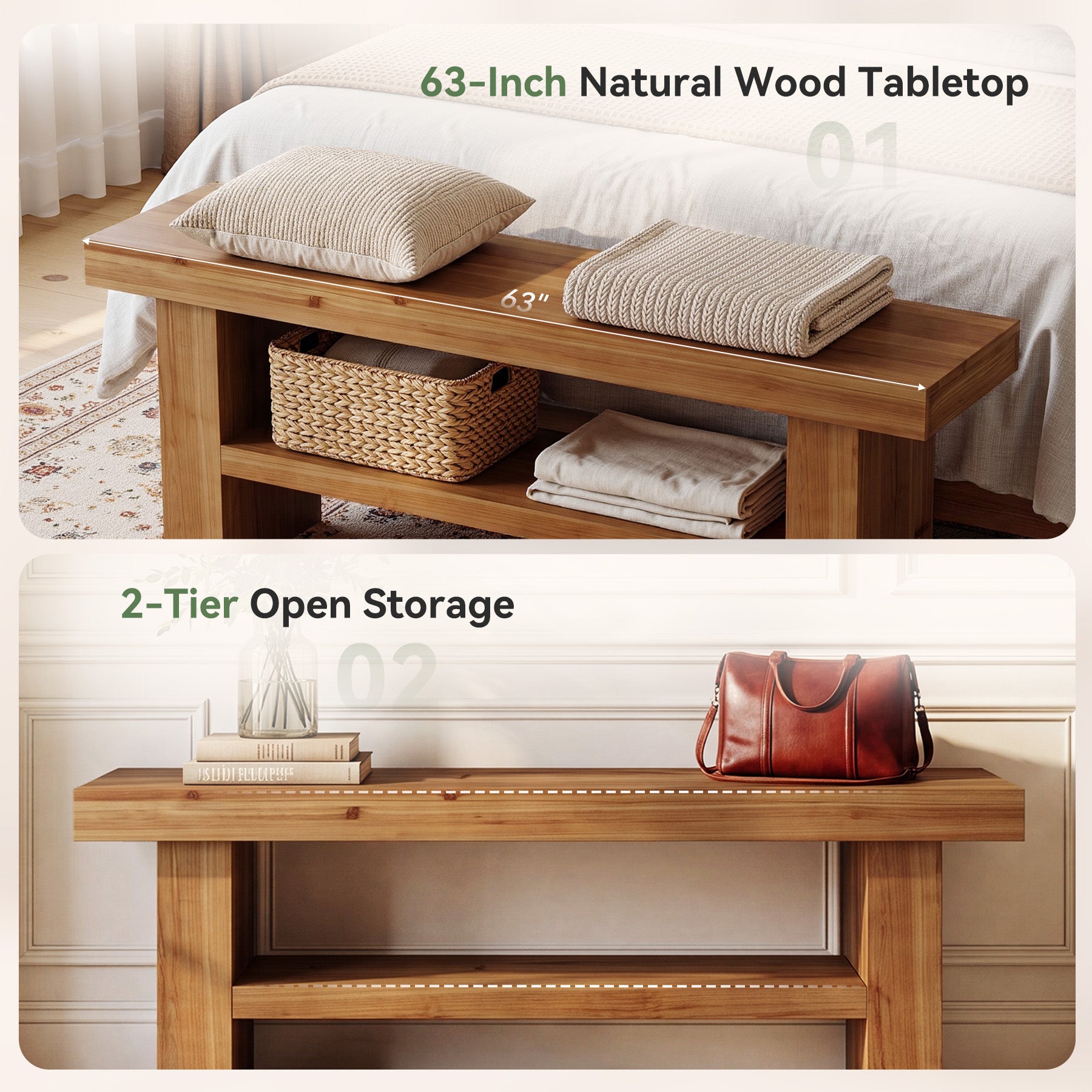 63" Solid Wood Entryway Bench, 2-Tier End of Bed Bench for Hallway, Bedroom