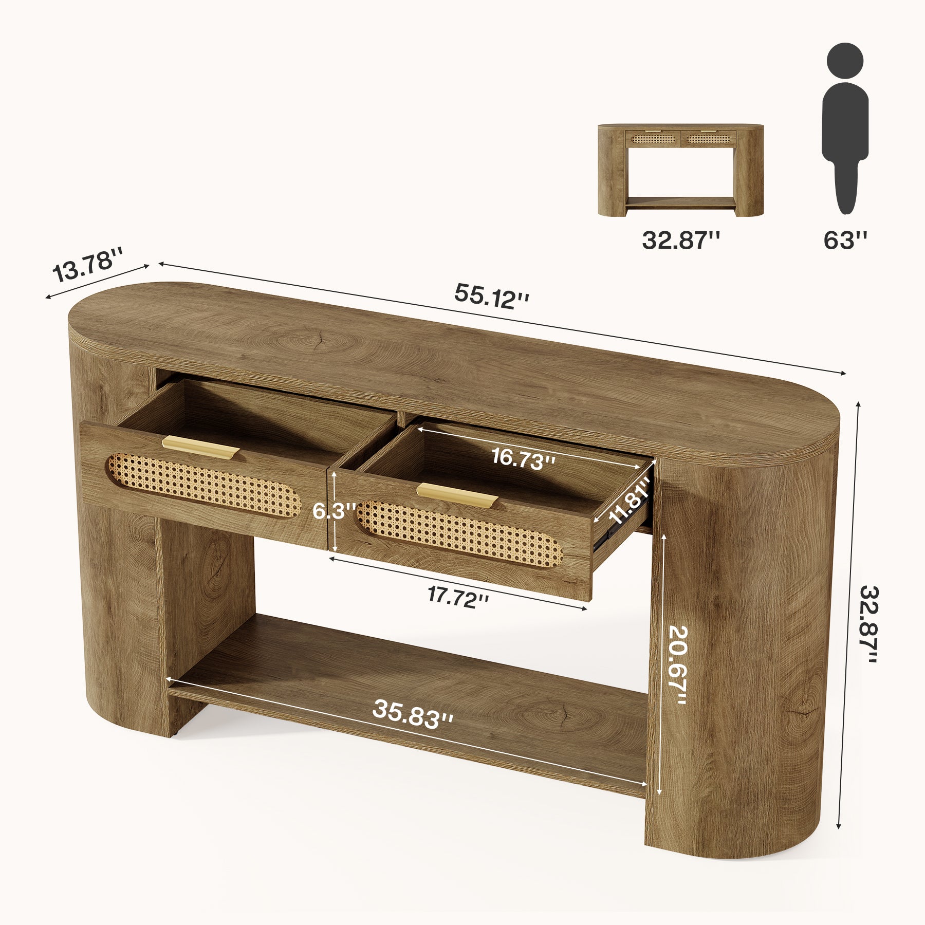 55" Console Table, Farmhouse Entryway Sofa Table With 2 Rattan Drawers & Shelf