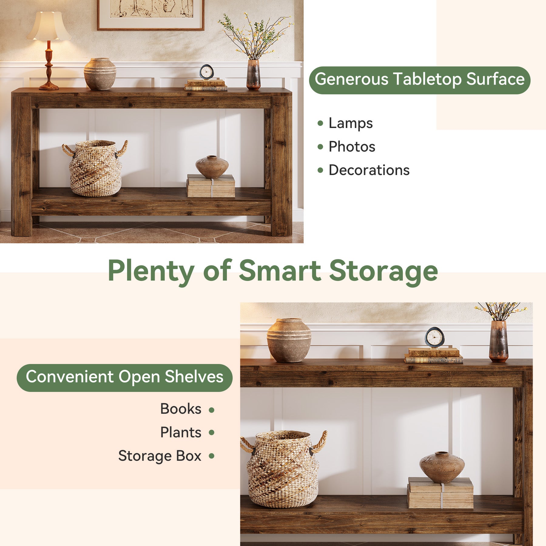 63" Solid Wood Console Table with Shelf, Slim Farmhouse Entryway & Sofa Table for Narrow Spaces