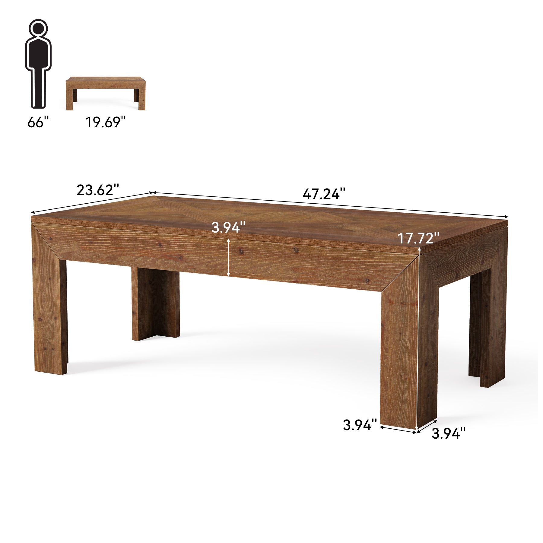 47" Solid Wood Coffee Table, Rectangular Center Cocktail Table