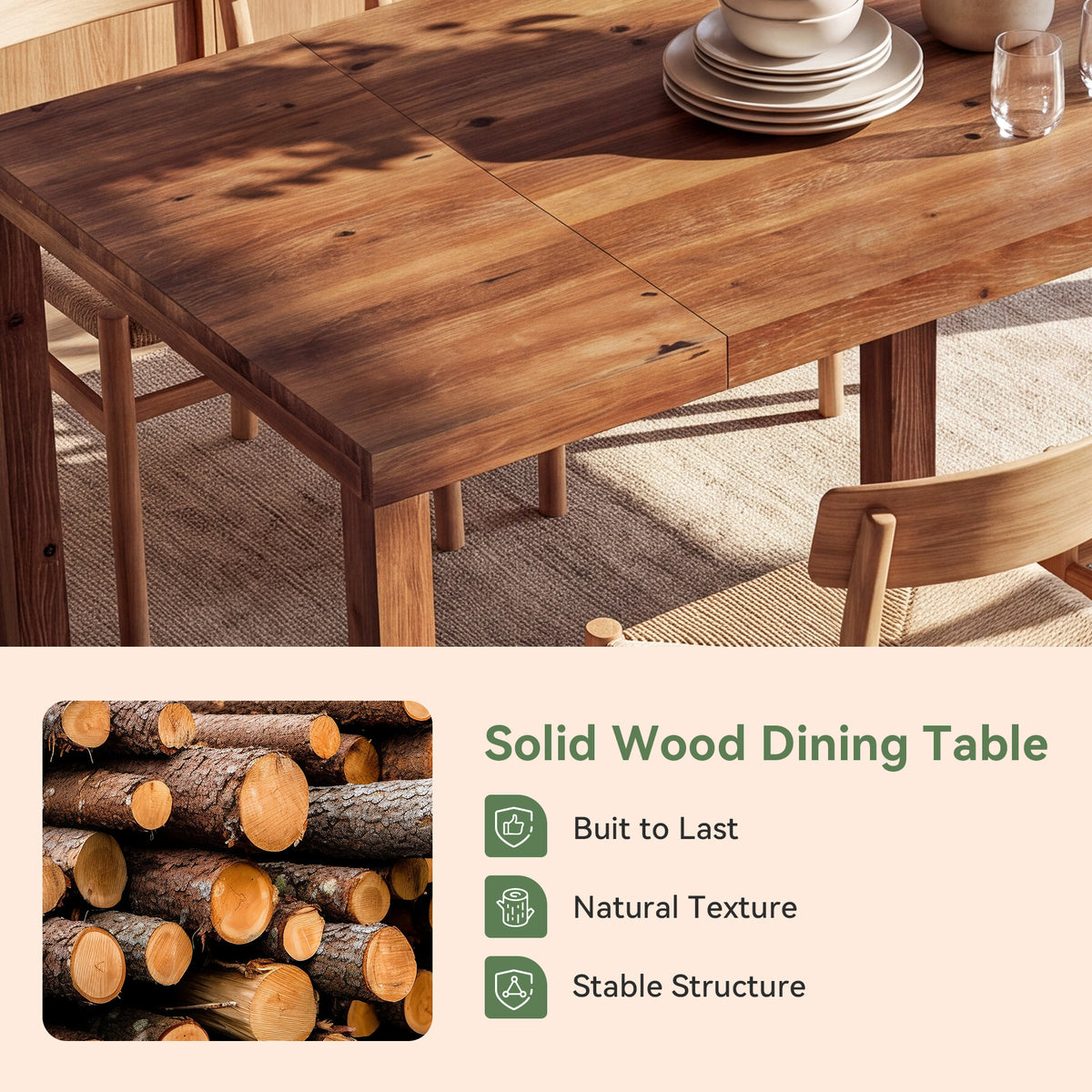 71" Farmhouse Dining Table for 6-8, Solid Wood Rectangle Kitchen Table, Dining Room