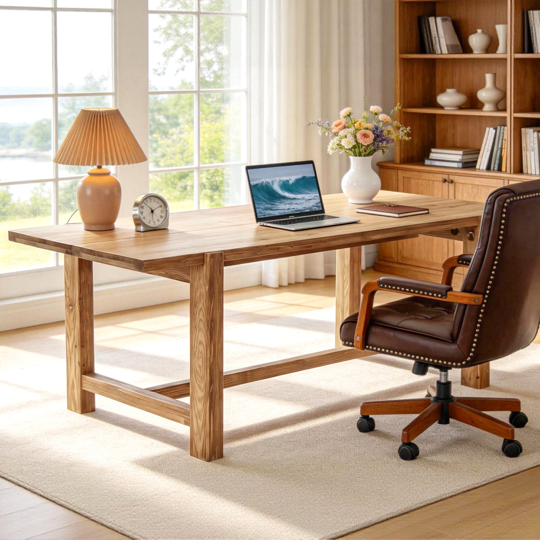 63 Inch Solid Wood Computer Desk, Farmhouse Executive Office Desk for Home Office Workspace