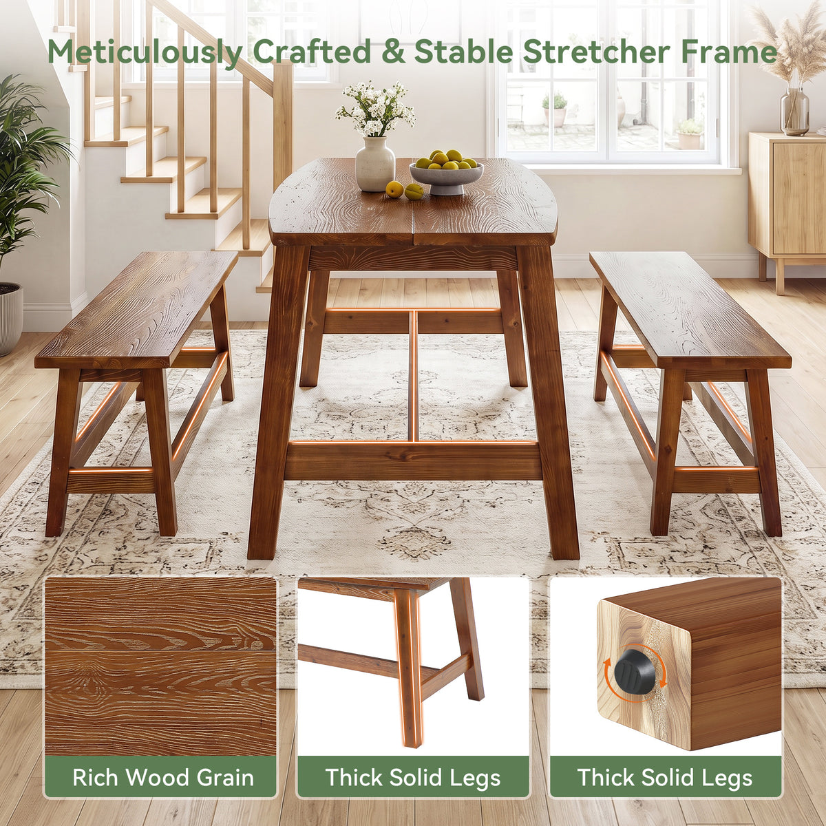 55" Farmhouse Dining Table Set with 2 Benches, Solid Wood Kitchen Table for 4