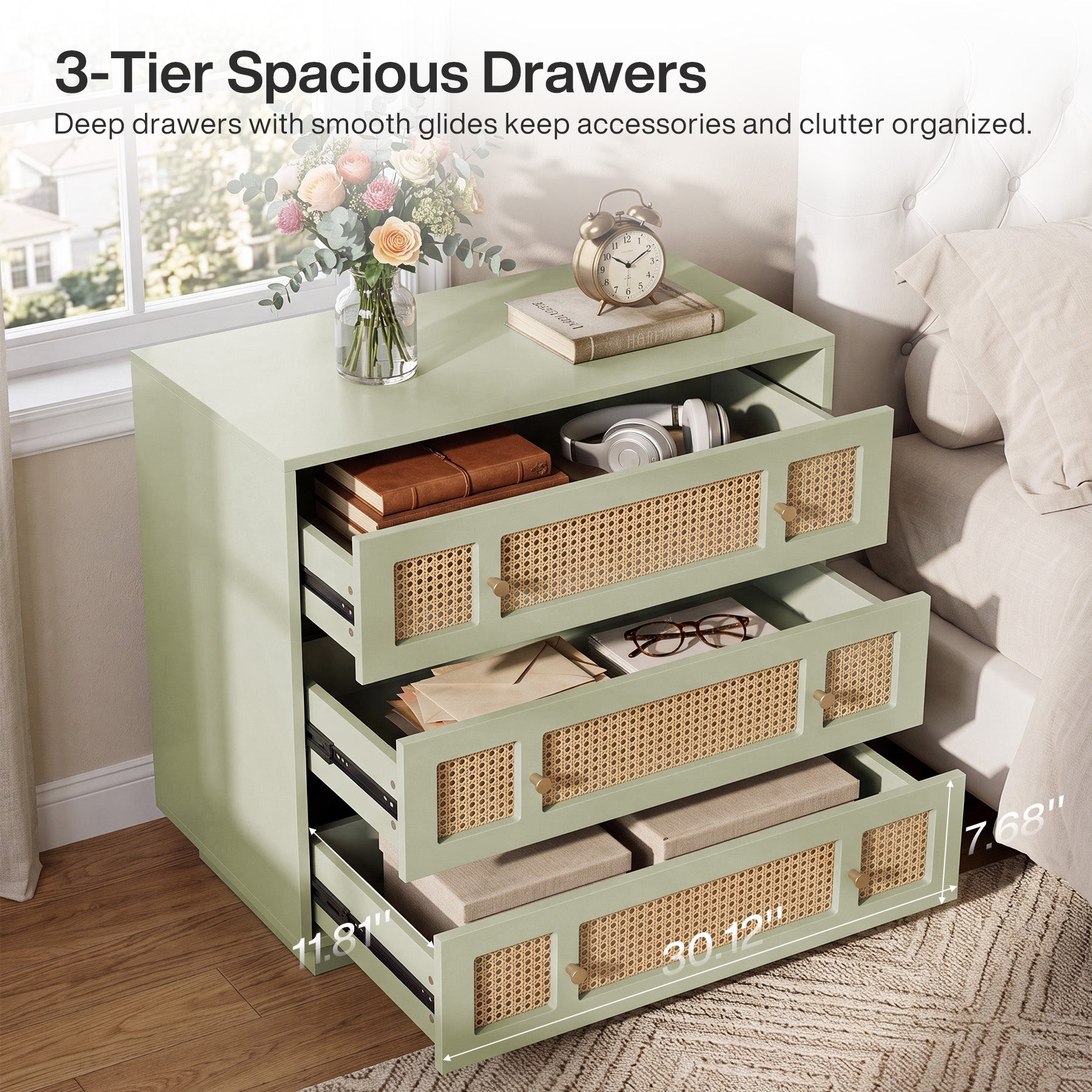 31.5" Rattan Nightstand, Oversized Bedside Table with 3 Drawers for Bedroom