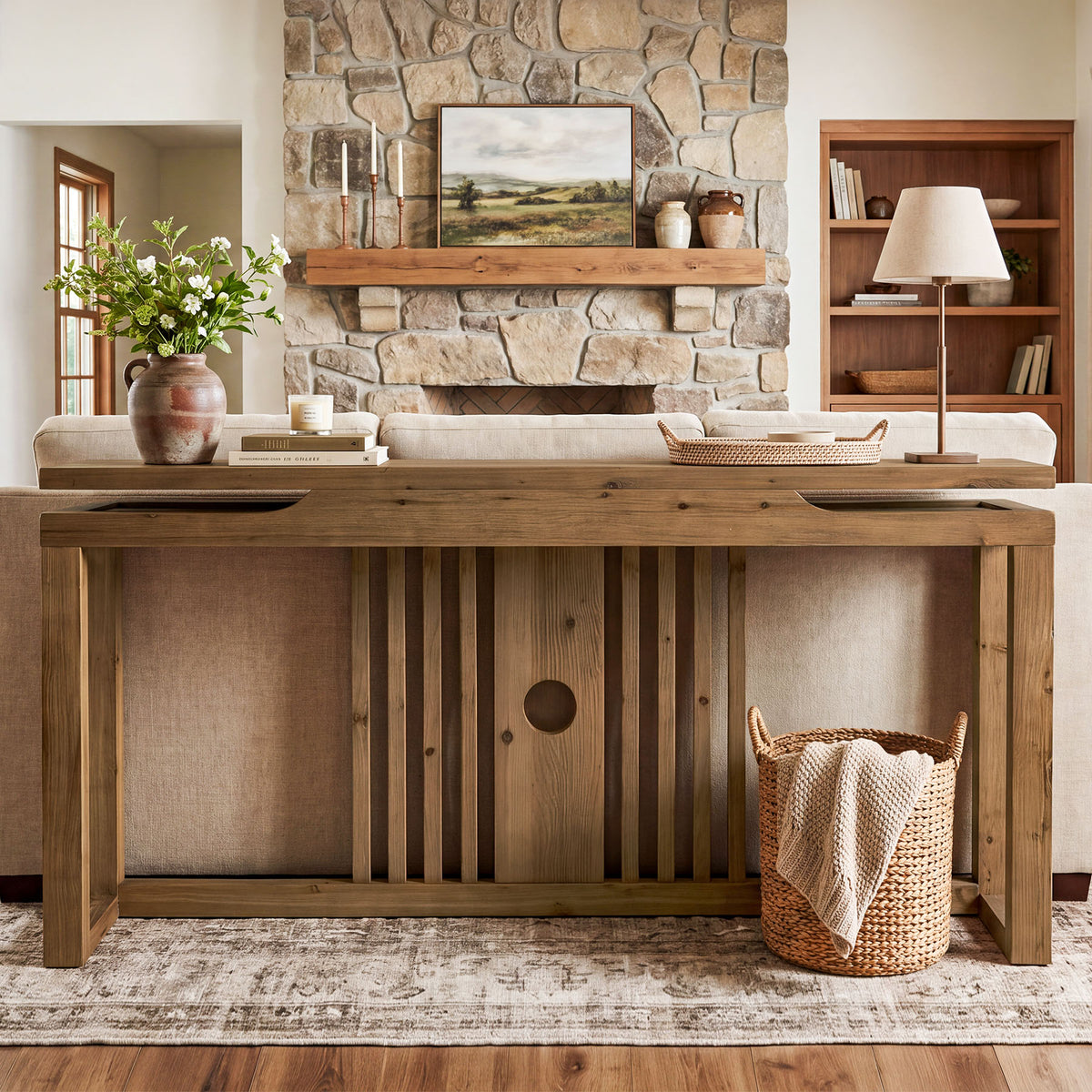 63" Solid Wood Console Table for Entryway, Farmhouse Sofa Table with Slatted Hollow Layered Design