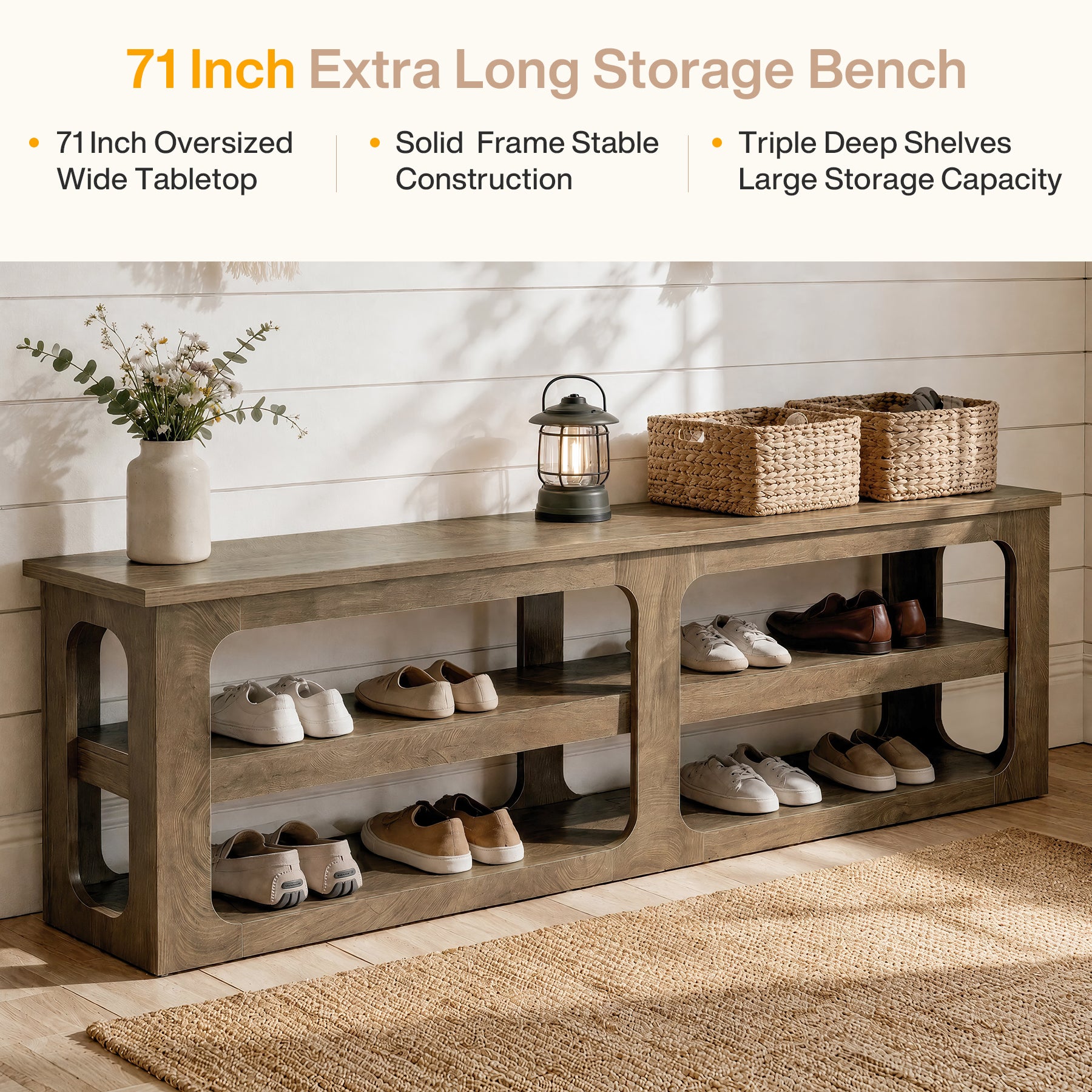70.87” Entryway with 3-Tier Storage Shelves, Farmhouse Shoe Bench for Hallway