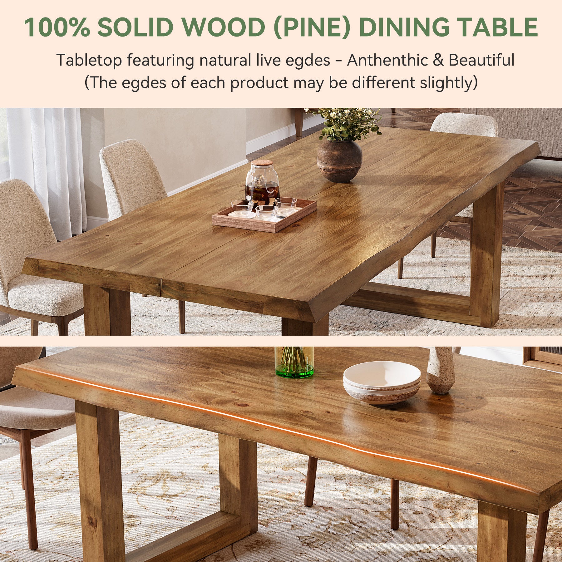63" Solid Wood Dining Table, Farmhouse Kitchen Table for 4-6 People