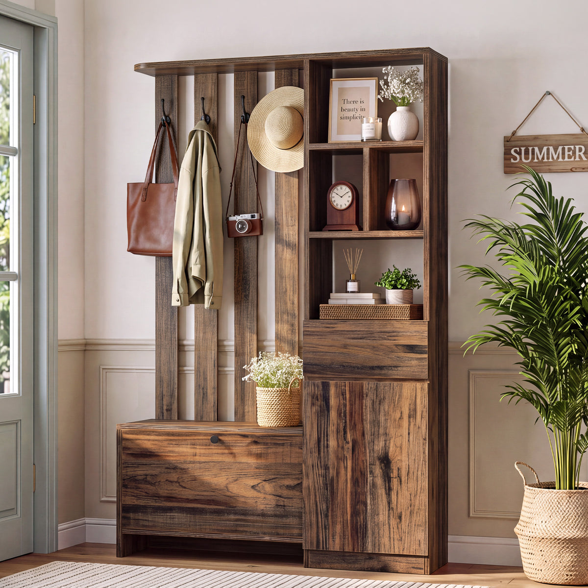 71" Freestanding Room Divider with Storage, 5-in-1 Entryway Coat Rack