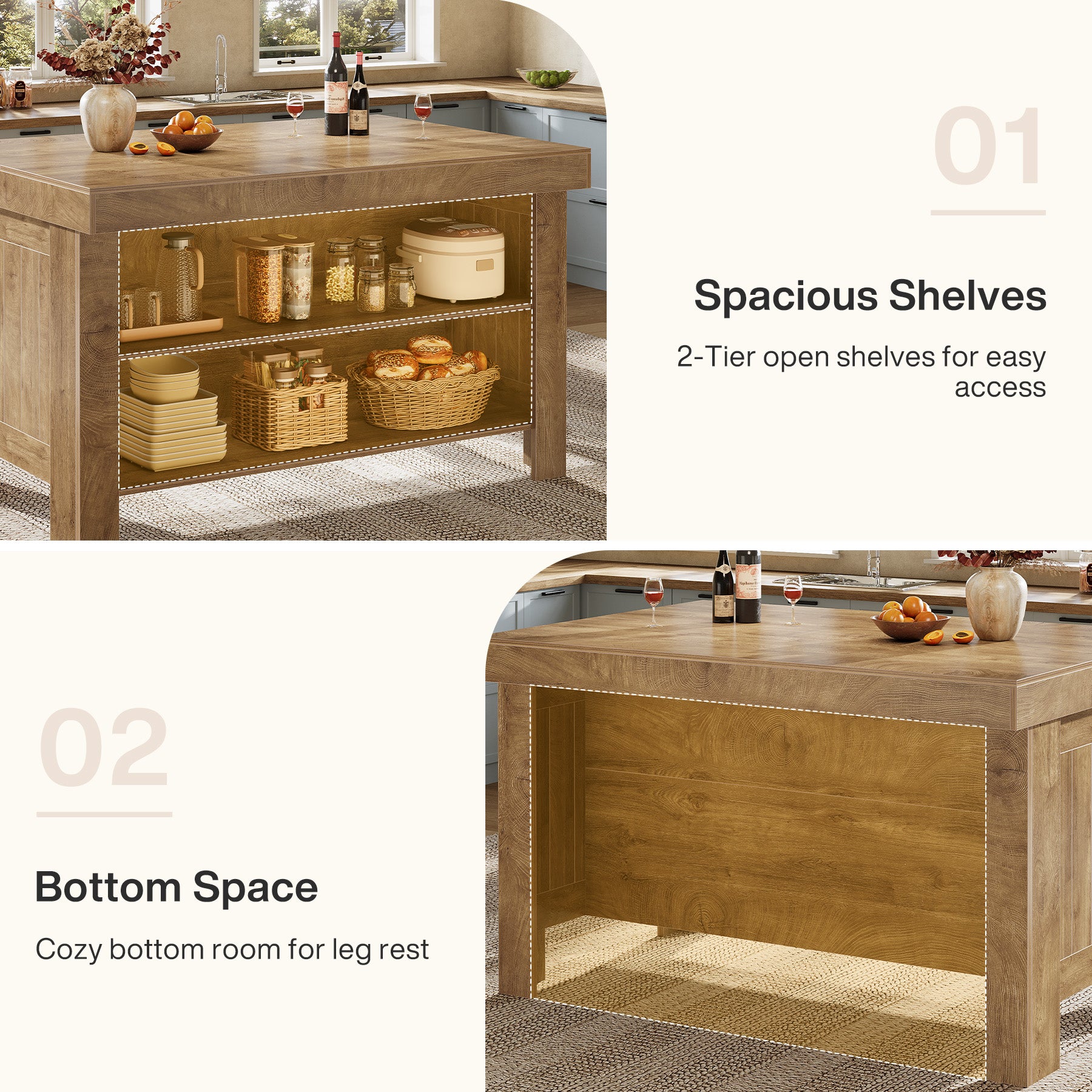55" Kitchen Island Table, Farmhouse Counter Height Bar Table with Storage Shelves