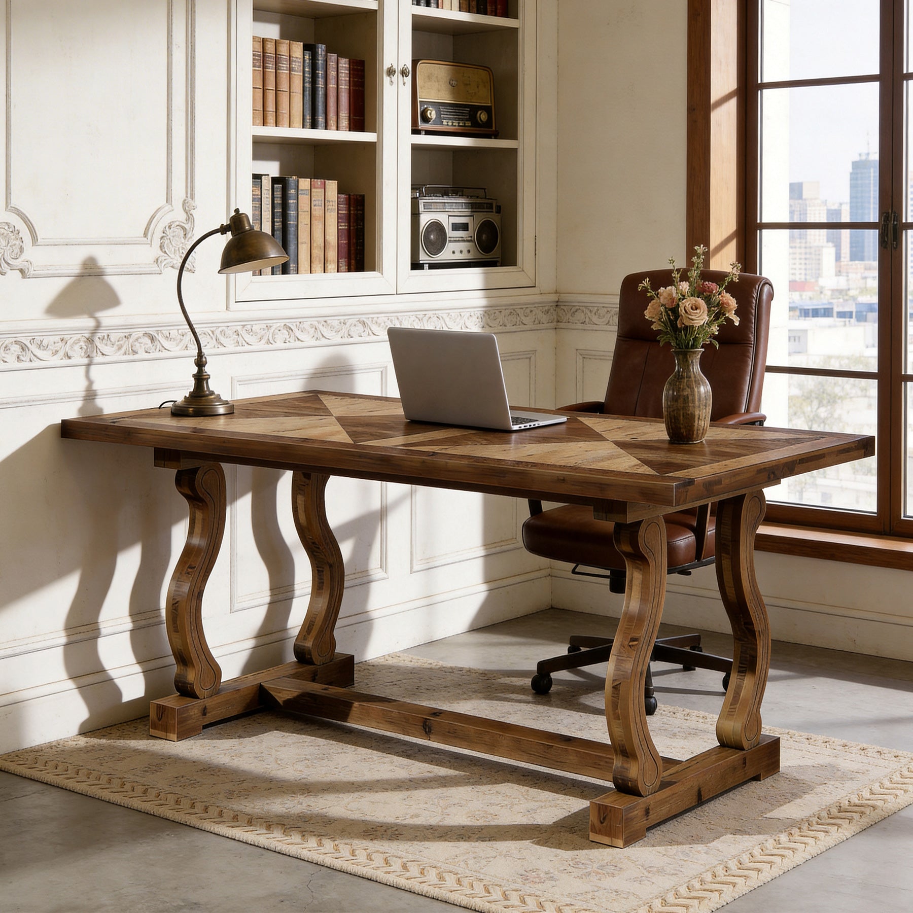 63" Solid Wood Executive Desk, Farmhouse Computer Desk with Parquetry Top & Scroll Legs for Home Office