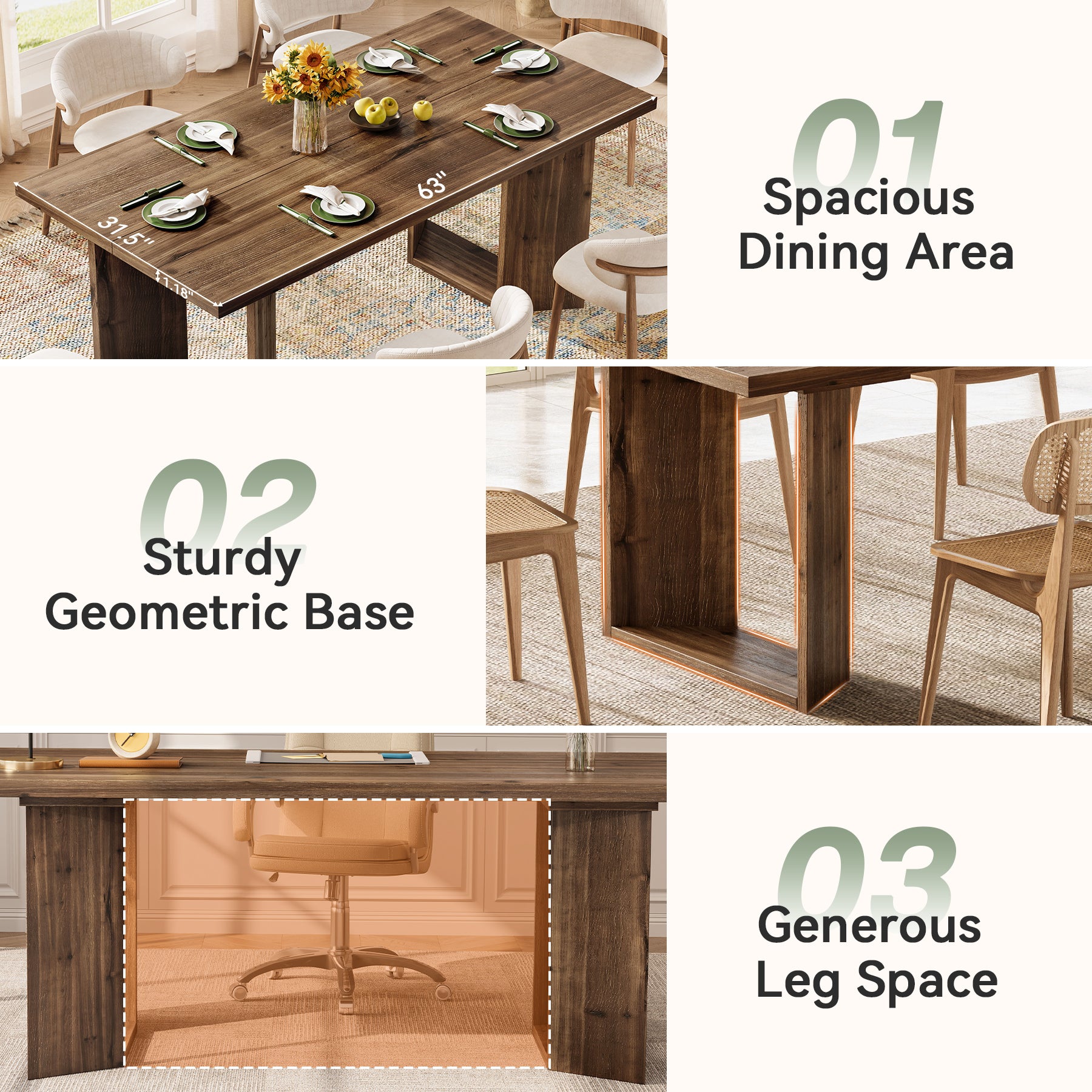 63" Solid Wood Dining Table, Rectangle Kitchen Table with U-Shaped Frames for 4-6