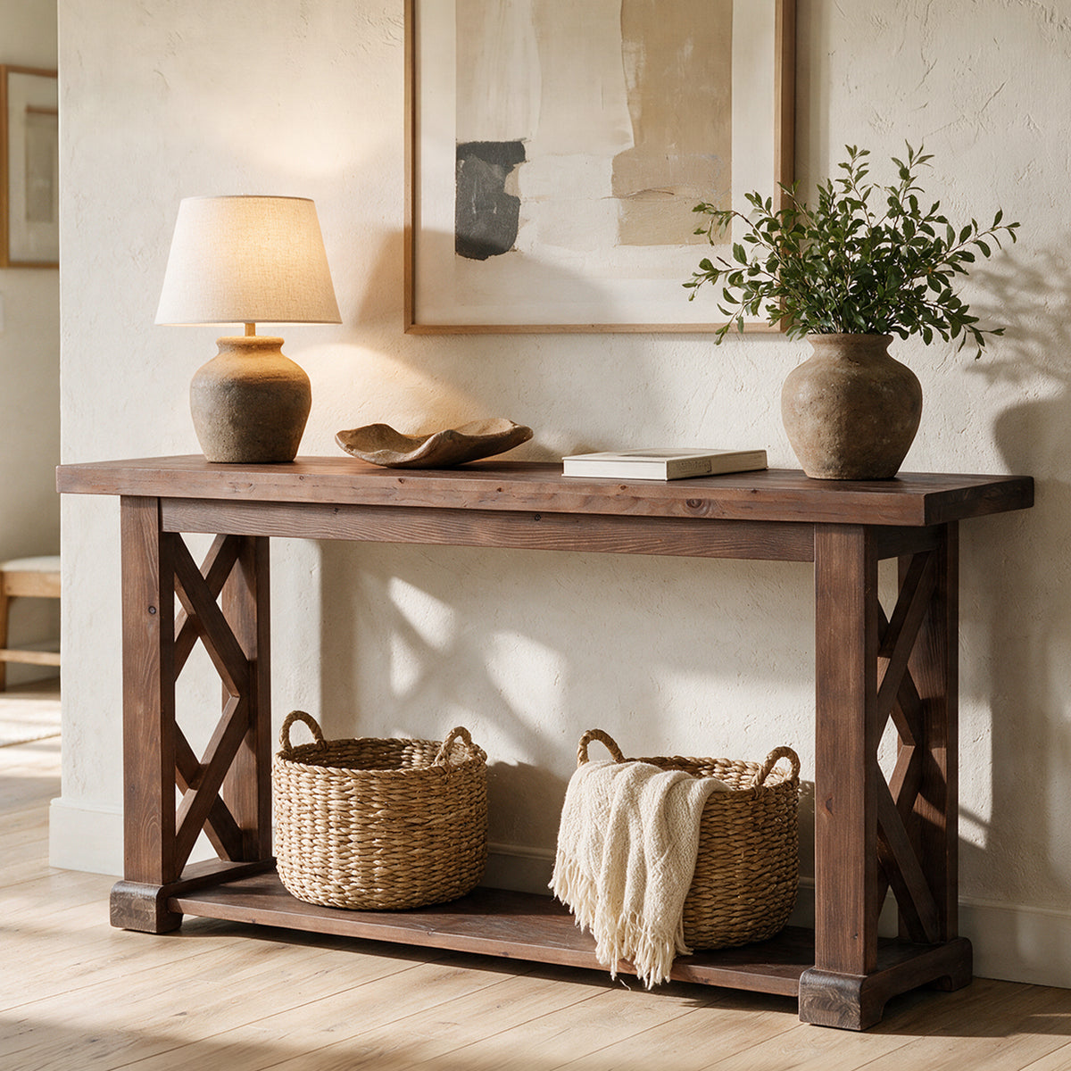 63" Console Table, Farmhouse Solid Wood, 2-Tier X-Shaped Frame, Narrow Sofa Table