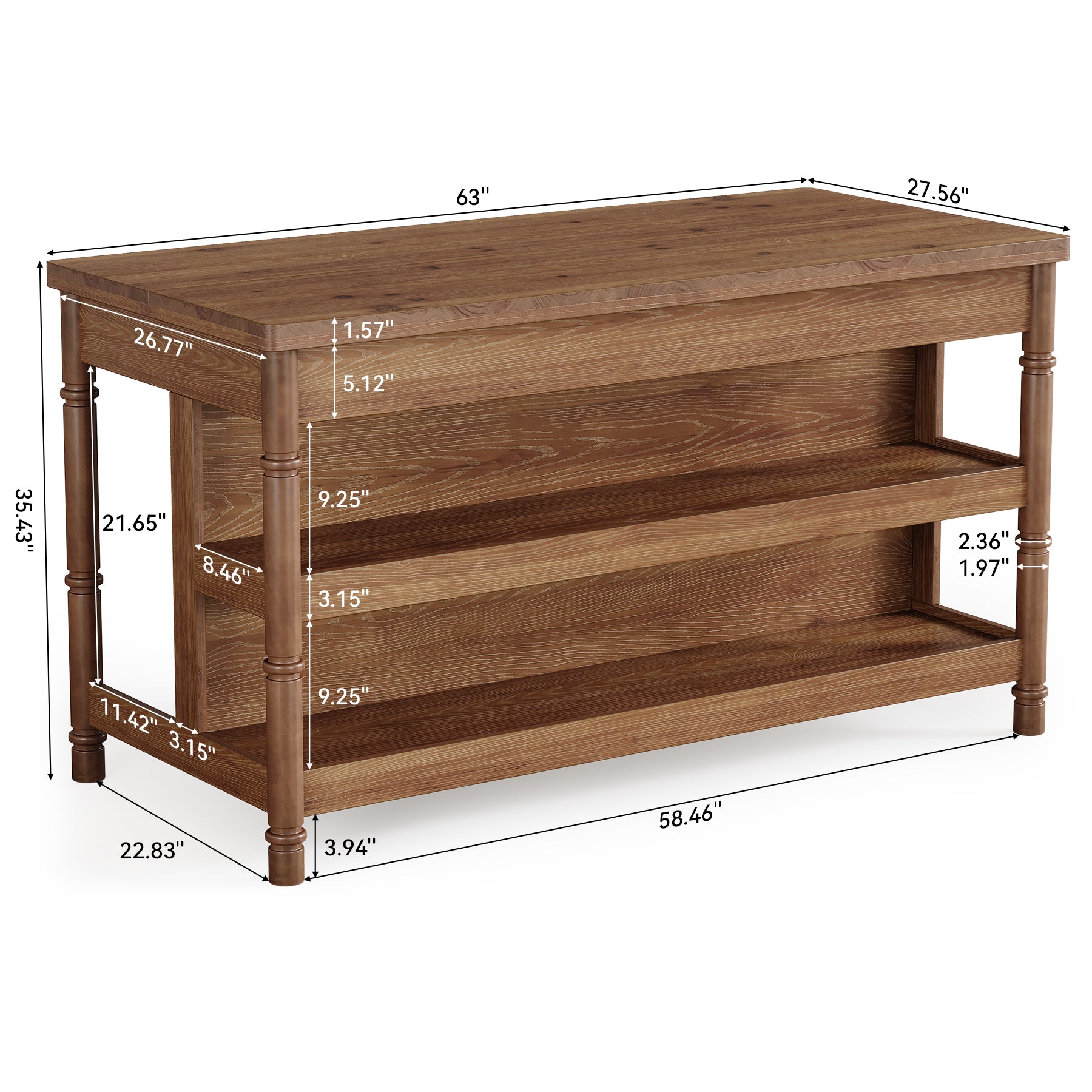 63" Kitchen Island Table with Storage & Seating, Farmhouse Wood Island with 3-Tier Shelves
