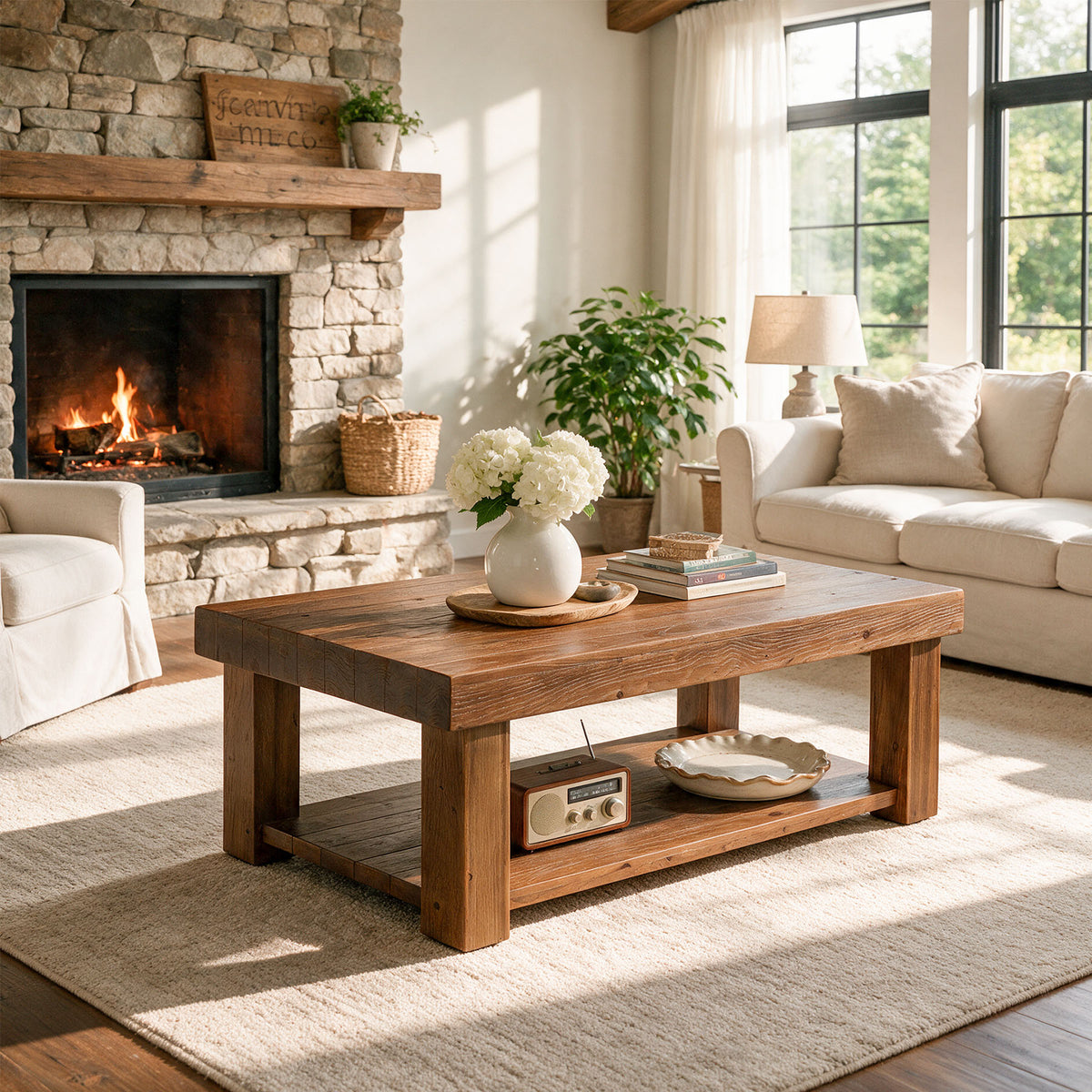 55" Modern Farmhouse Solid Wood Coffee Table, Rectangular with 2-Tier Storage