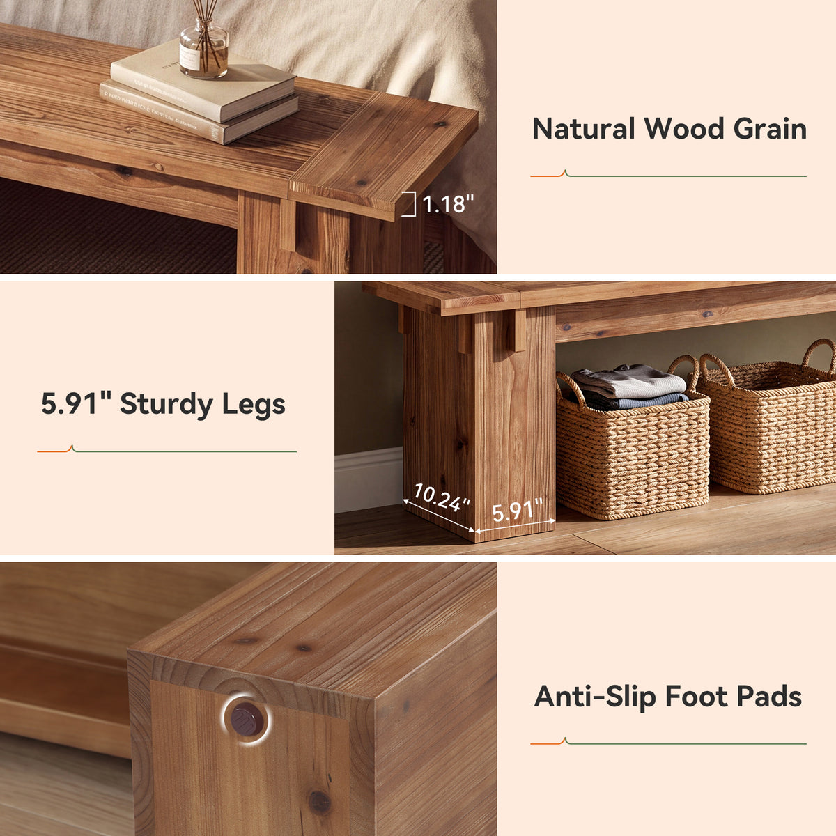 71" Farmhouse Solid Wood Entryway Bench with Thick Legs, Bedroom End of Bed Bench