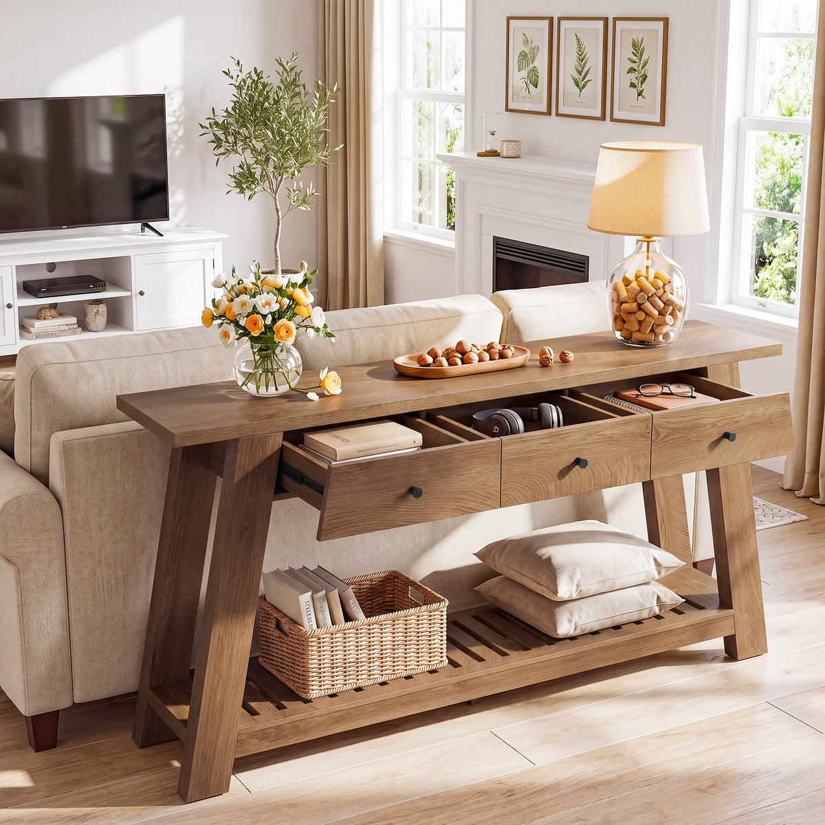 63" Console Table with 3 Drawers & Open Storage Shelf, Narrow Entryway Table Behind Couch