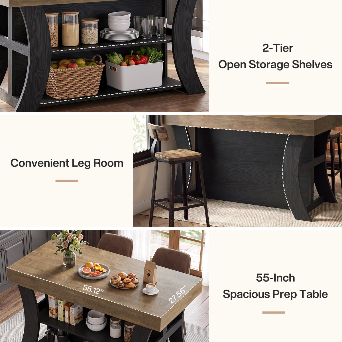 55" Farmhouse Kitchen Island with Storage & Seating Space, Stationary Island Table