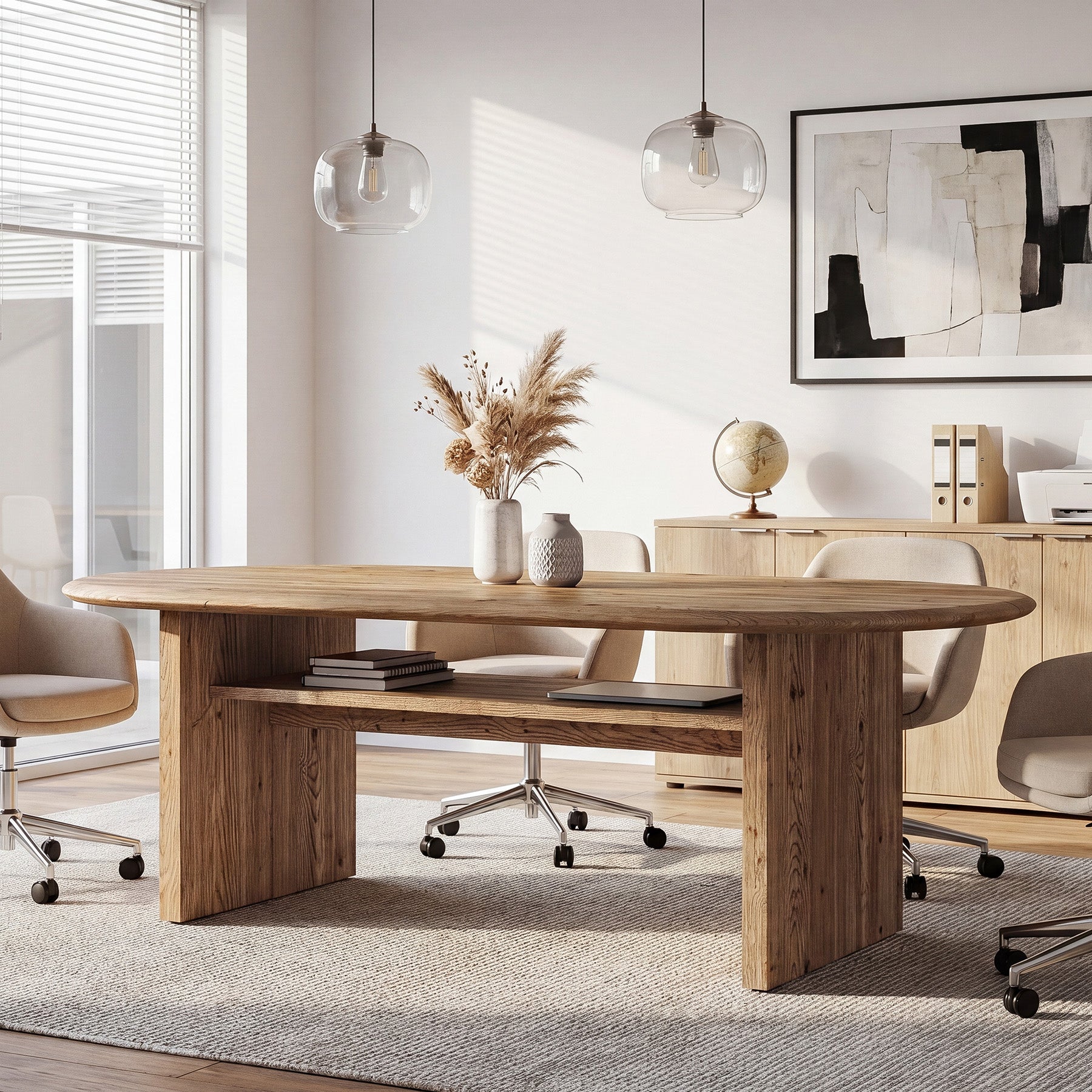 63" Solid Wood Executive Desk, Oval Computer Desk with Storage Shelf for Home Office